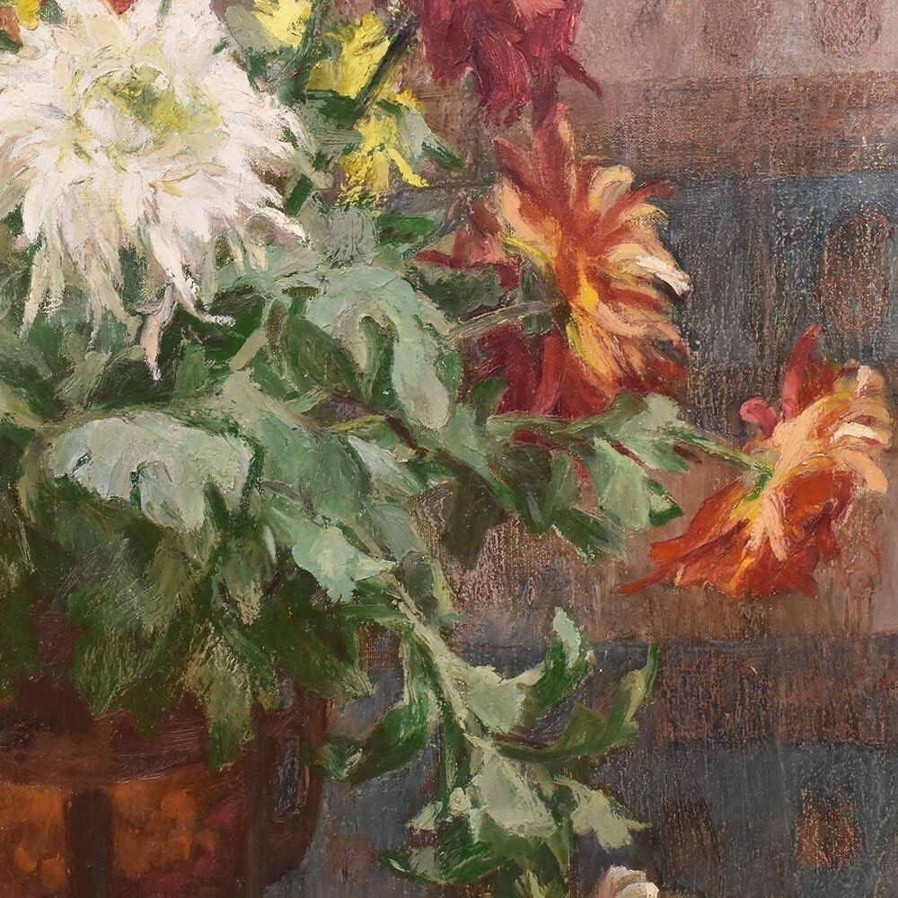 Art Deco Still Life Painting, Flowers Vase Painting, Chrysanthemums, Oil On Canvas, Antique Painting, Art Deco, XX. (Qf653) photo 2500.0