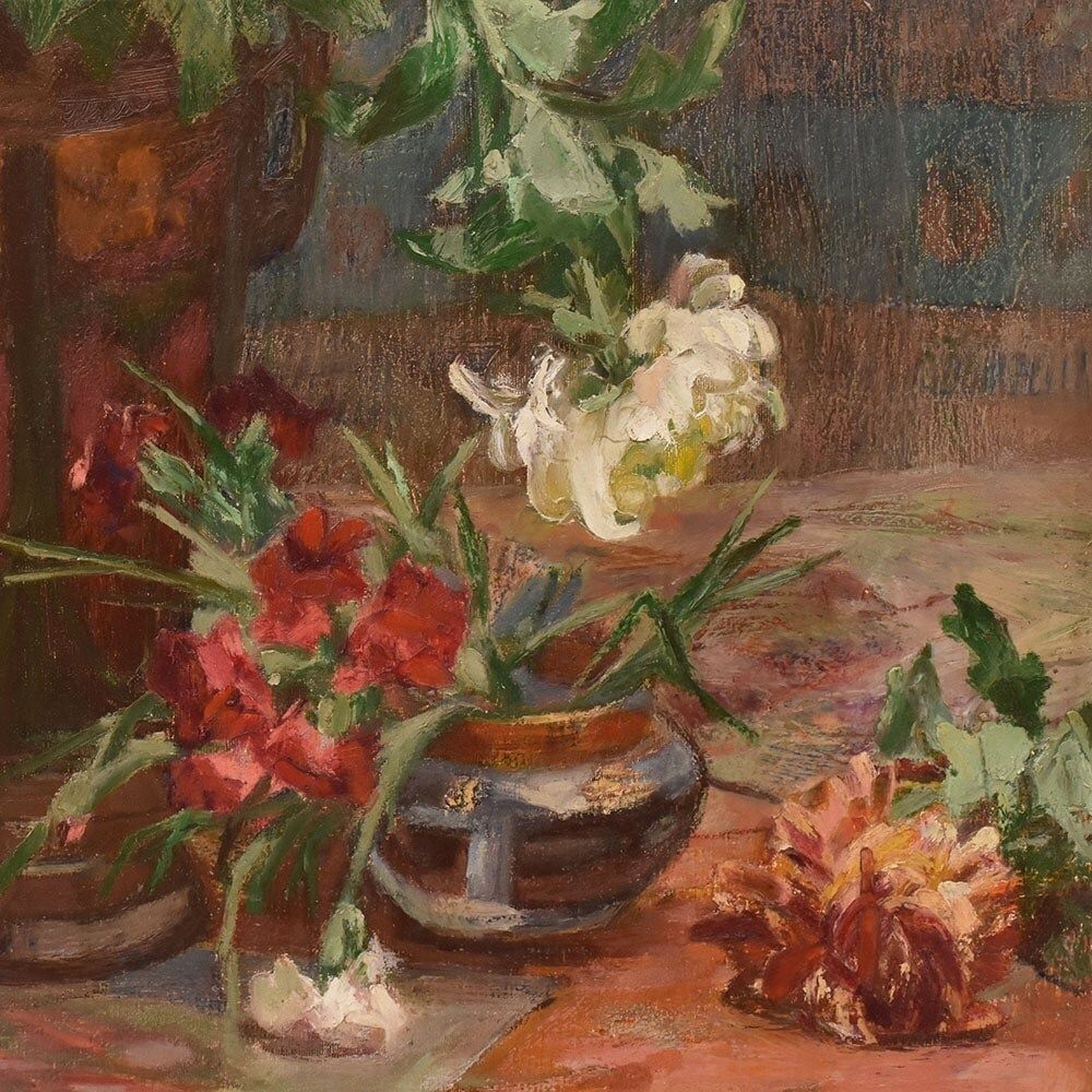 Art Deco Still Life Painting, Flowers Vase Painting, Chrysanthemums, Oil On Canvas, Antique Painting, Art Deco, XX. (Qf653) photo vinterior