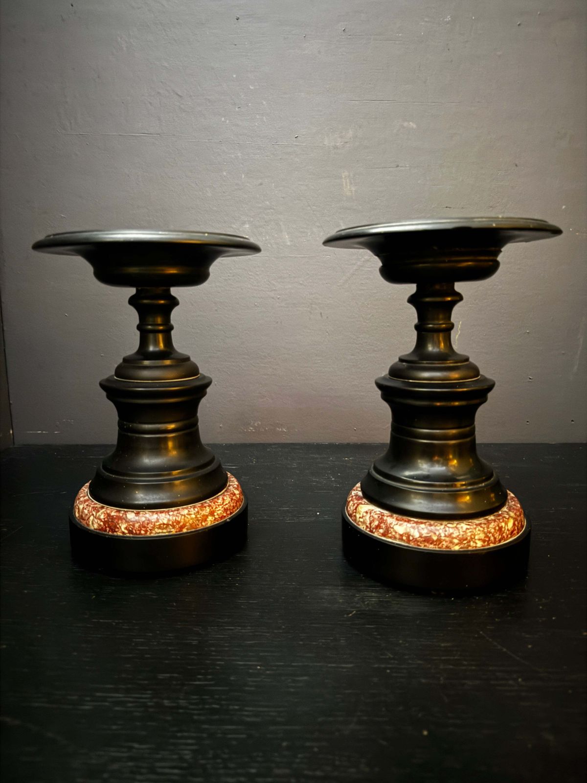 Mid 1800s Pair Of French Turned Black Marble Candle Sticks photo for sale