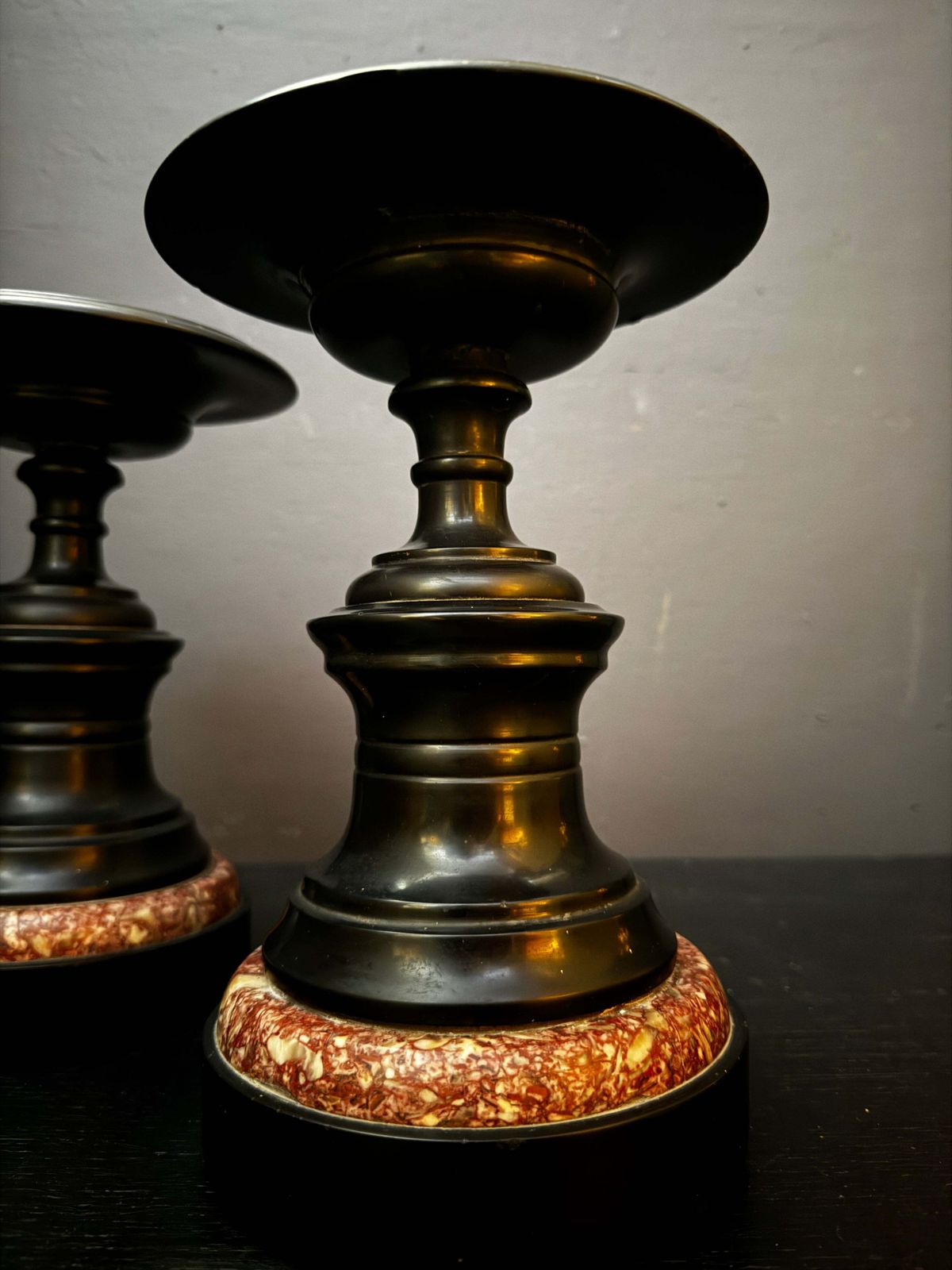Mid 1800s Pair Of French Turned Black Marble Candle Sticks photo vinterior