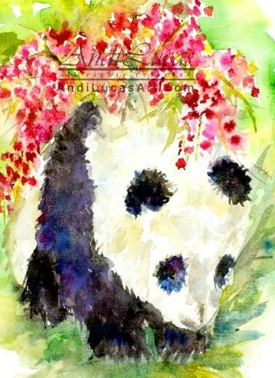 Panda In Bamboo Blossom Illustration Original Watercolour Painting Andi J Lucas photo for sale