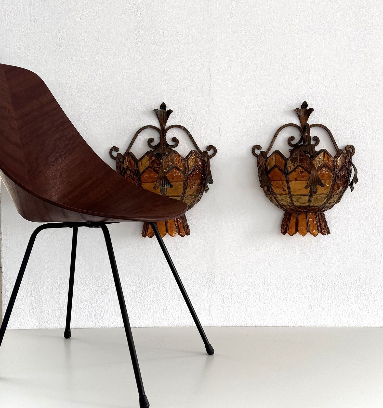 Pair Of Sconces In Wrought Iron And Hammered Glass By Longobard, Italy, 1970s photo furniture