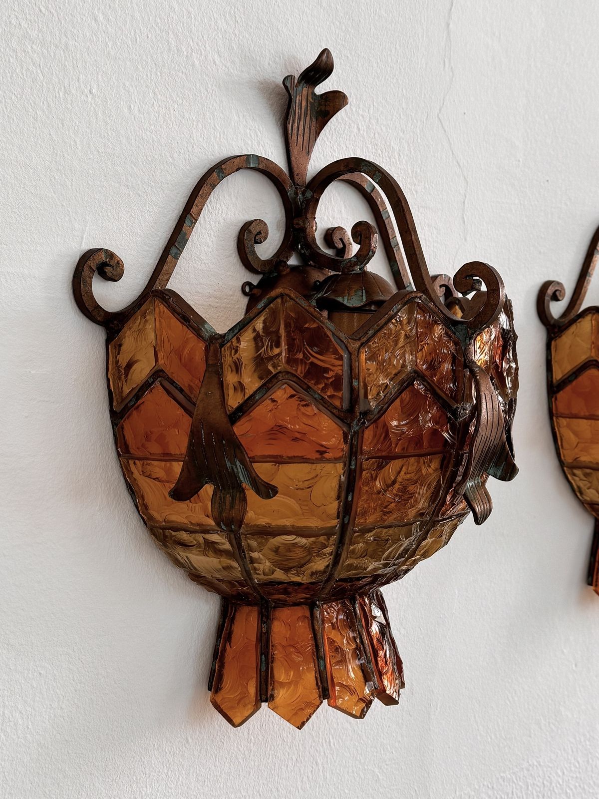 photo for sale Pair Of Sconces In Wrought Iron And Hammered Glass By Longobard, Italy, 1970s