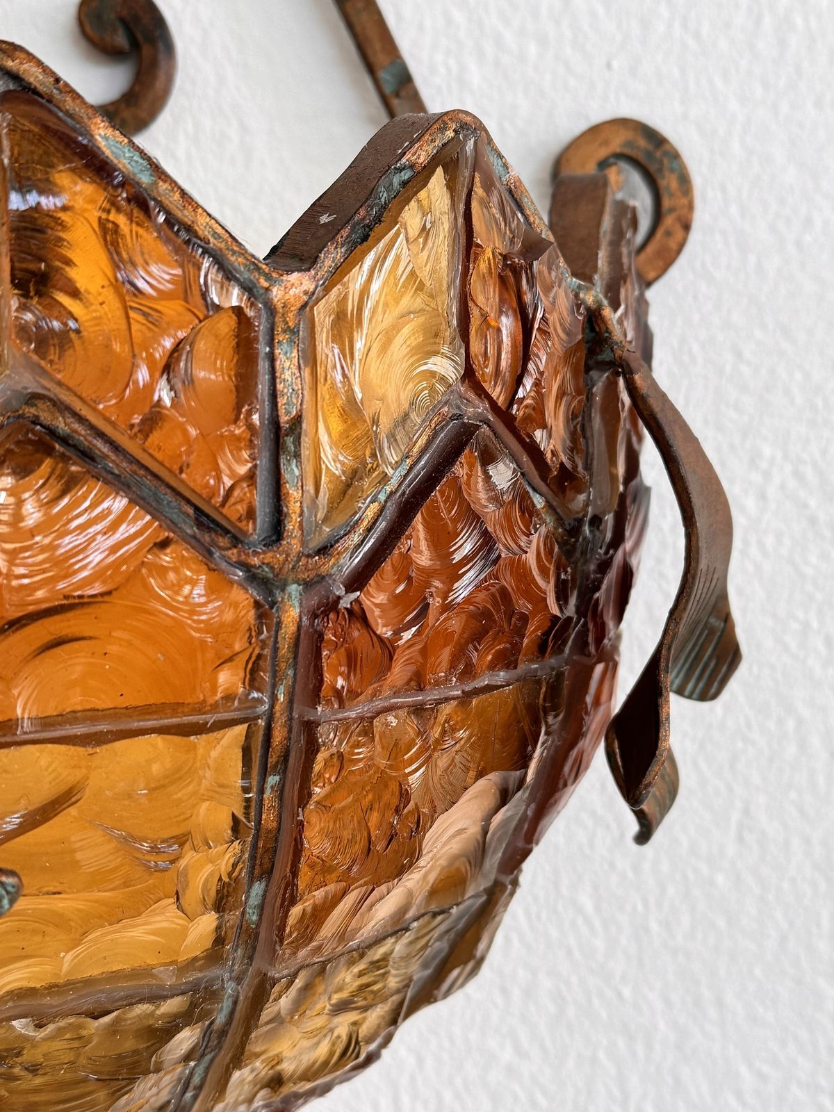 photo buy Pair Of Sconces In Wrought Iron And Hammered Glass By Longobard, Italy, 1970s