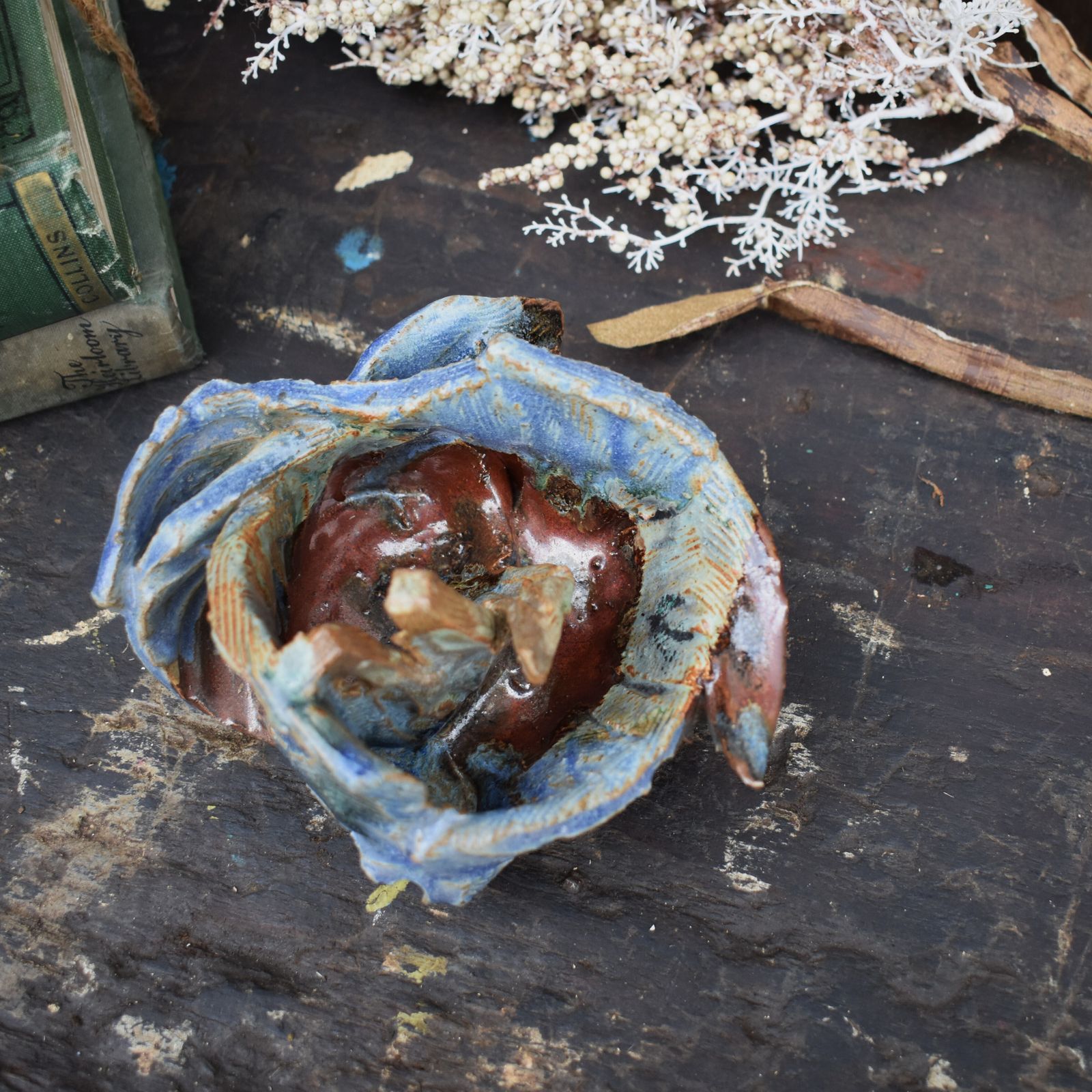 Vintage Hand Made Stylised Flower Petal Stamen Studio Pottery Sculpture Dish photo vinterior
