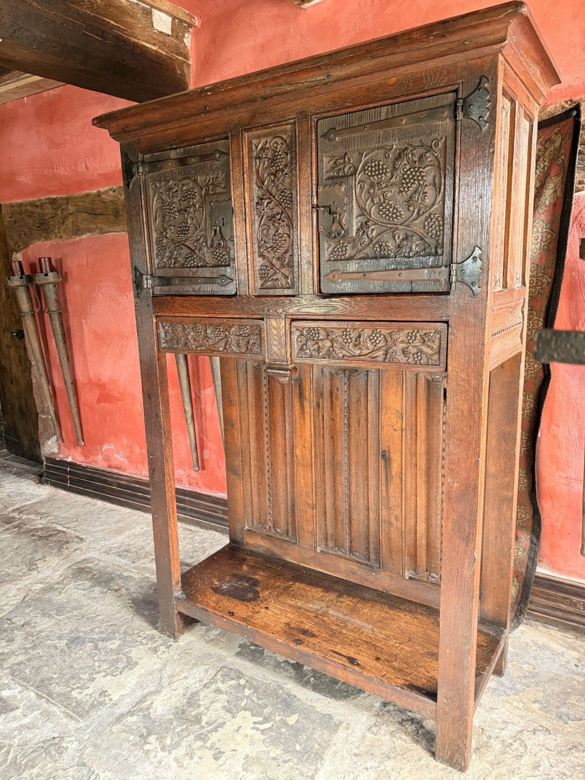 Rare Antique Oak Carved Floorstanding Cupboard Cabinet Dresser Buffet C 1700s photo for sale
