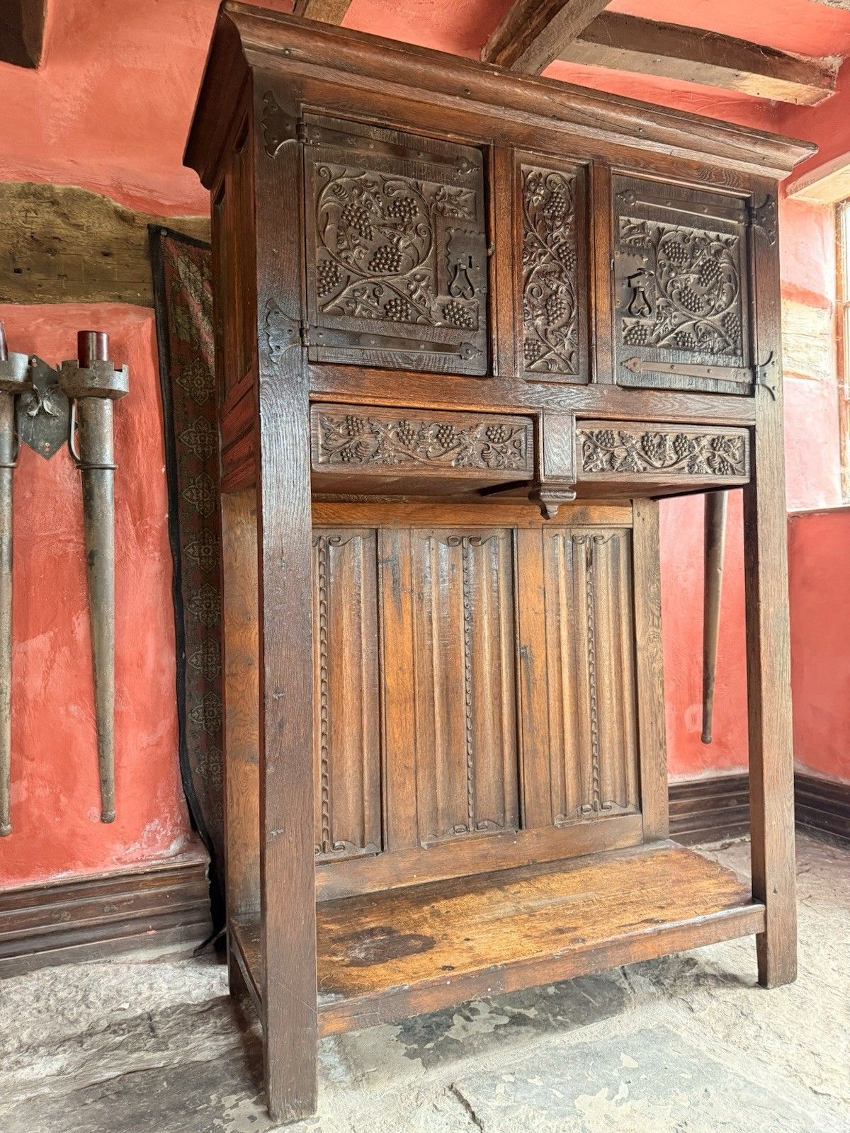photo furniture Rare Antique Oak Carved Floorstanding Cupboard Cabinet Dresser Buffet C 1700s