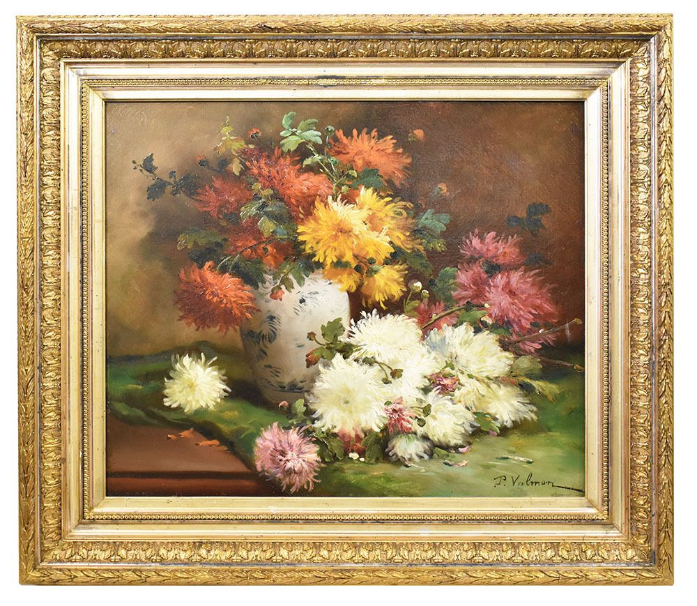Antique Floral Paintings, Dahlias Flowers, Oil On Canvas, 19th Century. (Qf483)