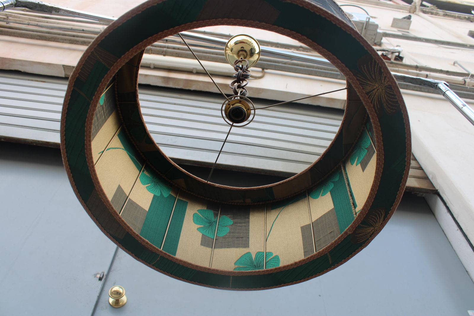 photo furniture Decorative Mid Century Chandelier With Green Floral Fabric Dome Brass