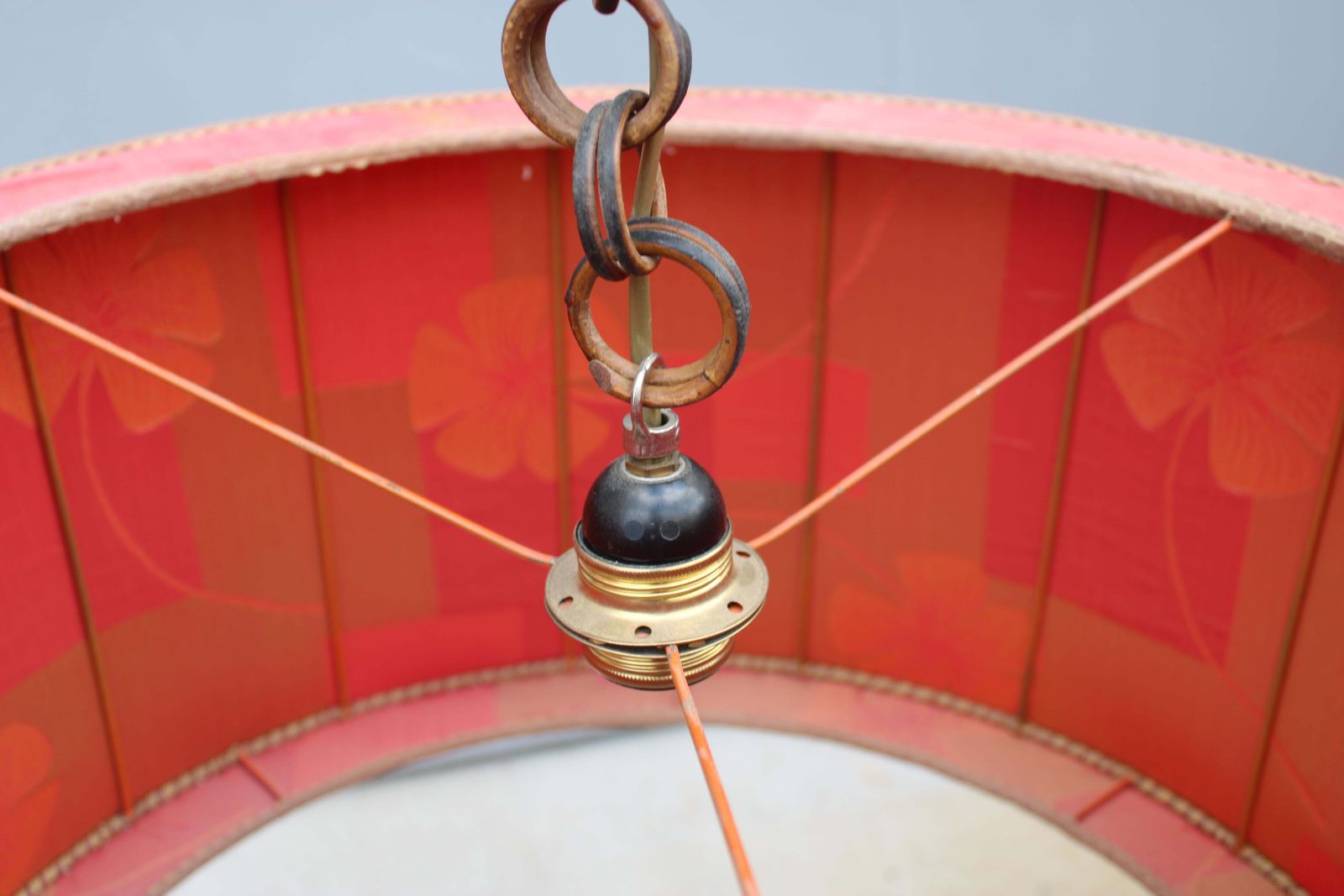Chandelier With Red Dome Fabric With Flowers Mid Century Italian Design Brass photo vinterior
