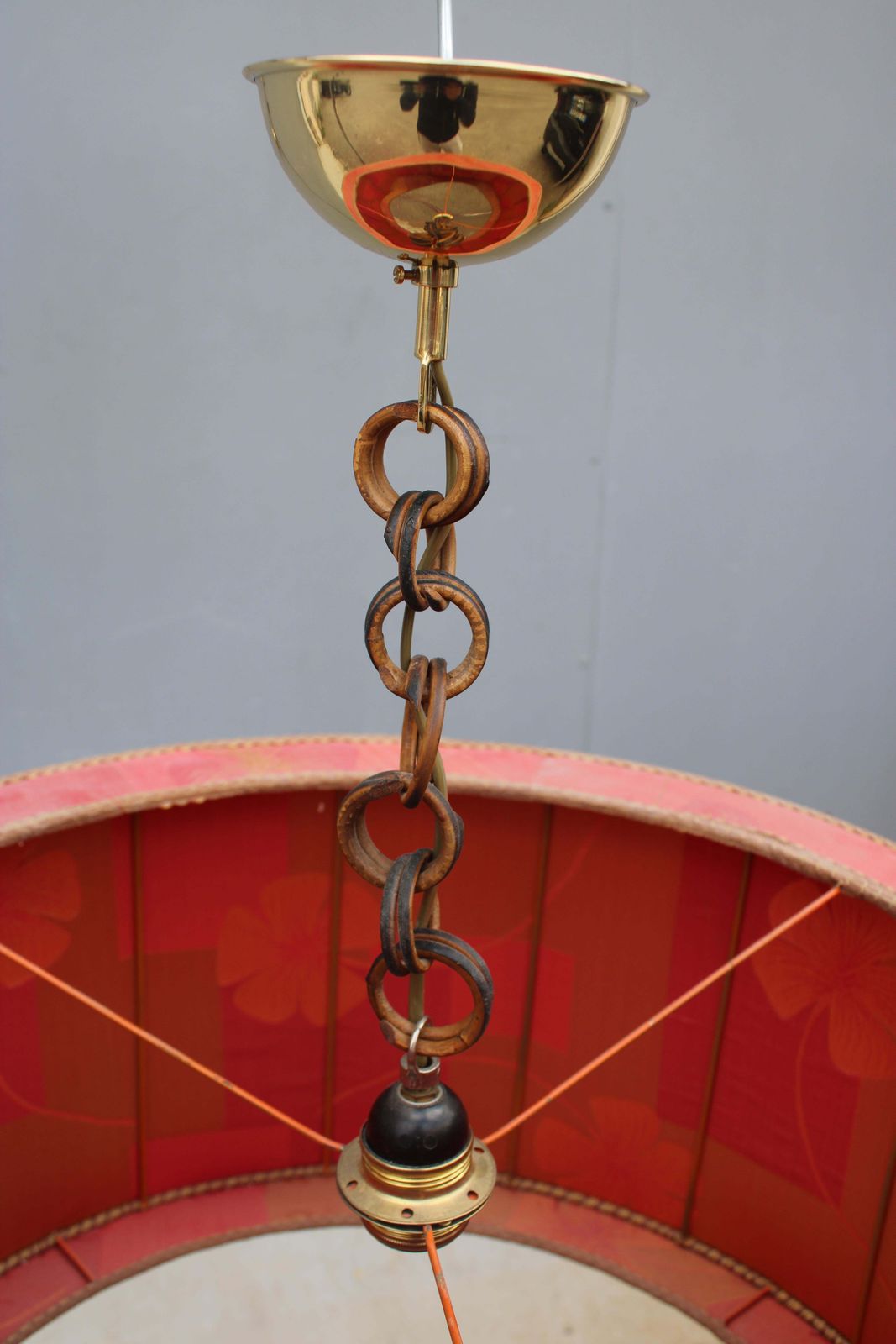Chandelier With Red Dome Fabric With Flowers Mid Century Italian Design Brass photo buy
