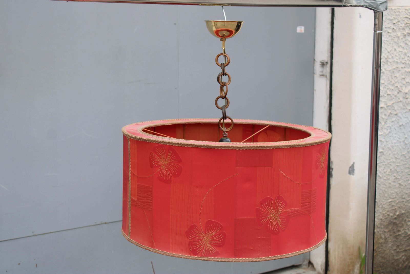 Chandelier With Red Dome Fabric With Flowers Mid Century Italian Design Brass photo vintage