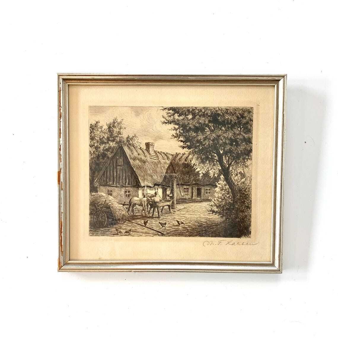 Original Vintage Signed Etching By Martin Frederik Larsen (1881 1952) Of Farm Courtyard With Chickens, Horses And Farmer