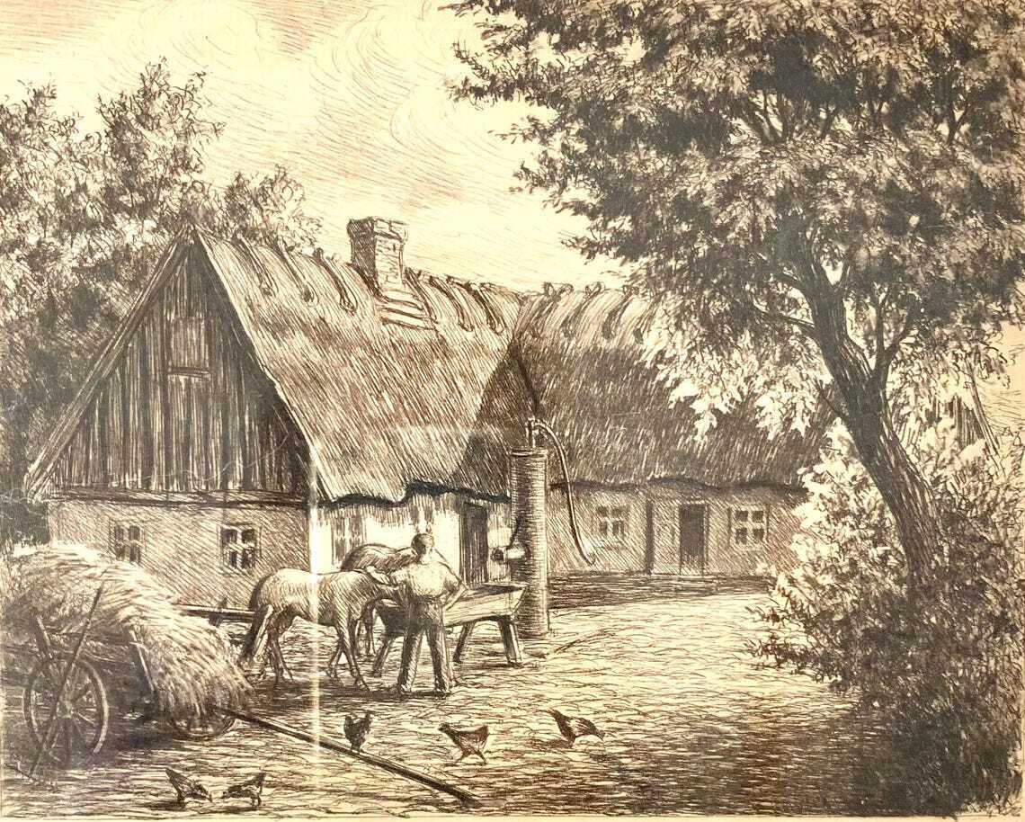 Original Vintage Signed Etching By Martin Frederik Larsen (1881 1952) Of Farm Courtyard With Chickens, Horses And Farmer photo furniture