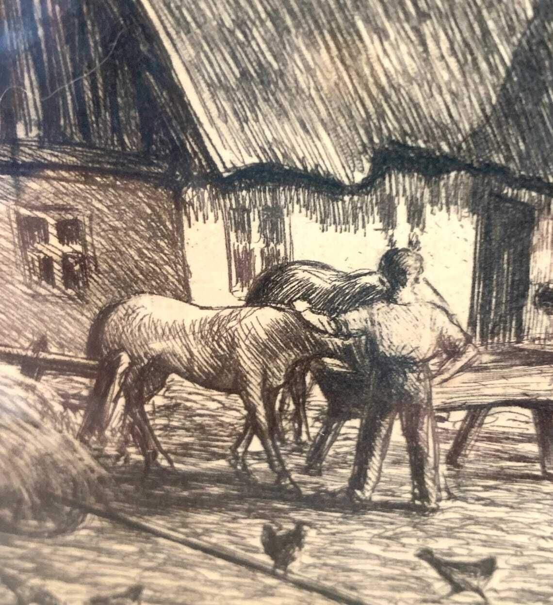 Original Vintage Signed Etching By Martin Frederik Larsen (1881 1952) Of Farm Courtyard With Chickens, Horses And Farmer photo for sale