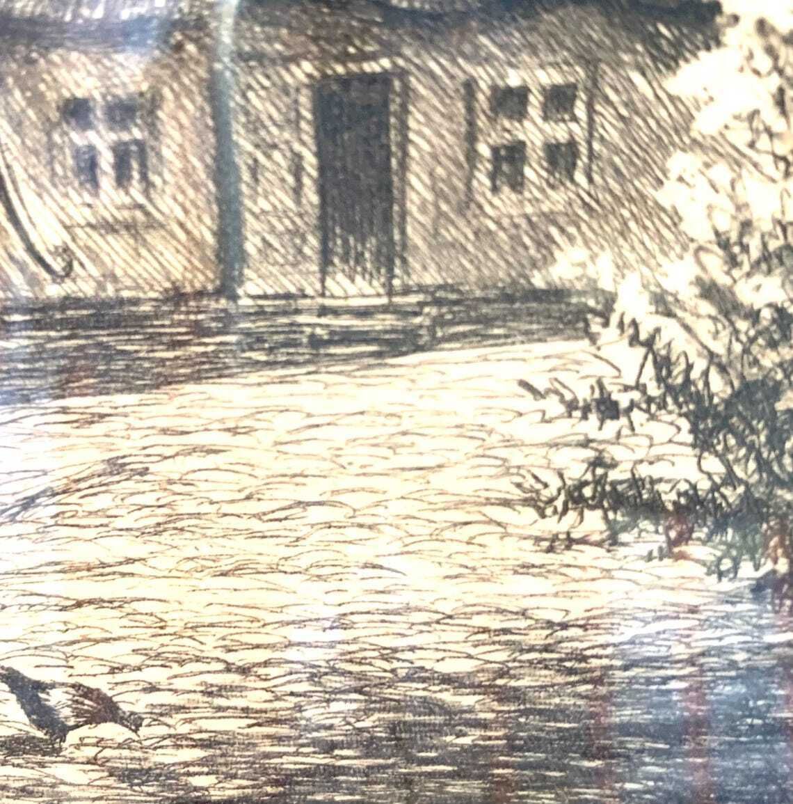 Original Vintage Signed Etching By Martin Frederik Larsen (1881 1952) Of Farm Courtyard With Chickens, Horses And Farmer photo Art