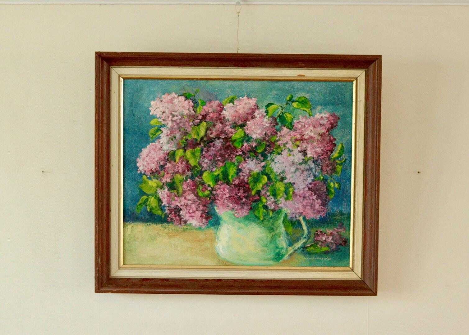 Mid Century Original Swedish Oil On Canvas "Floral Arrangement " By Lyyli Sainio Vintage & Framed