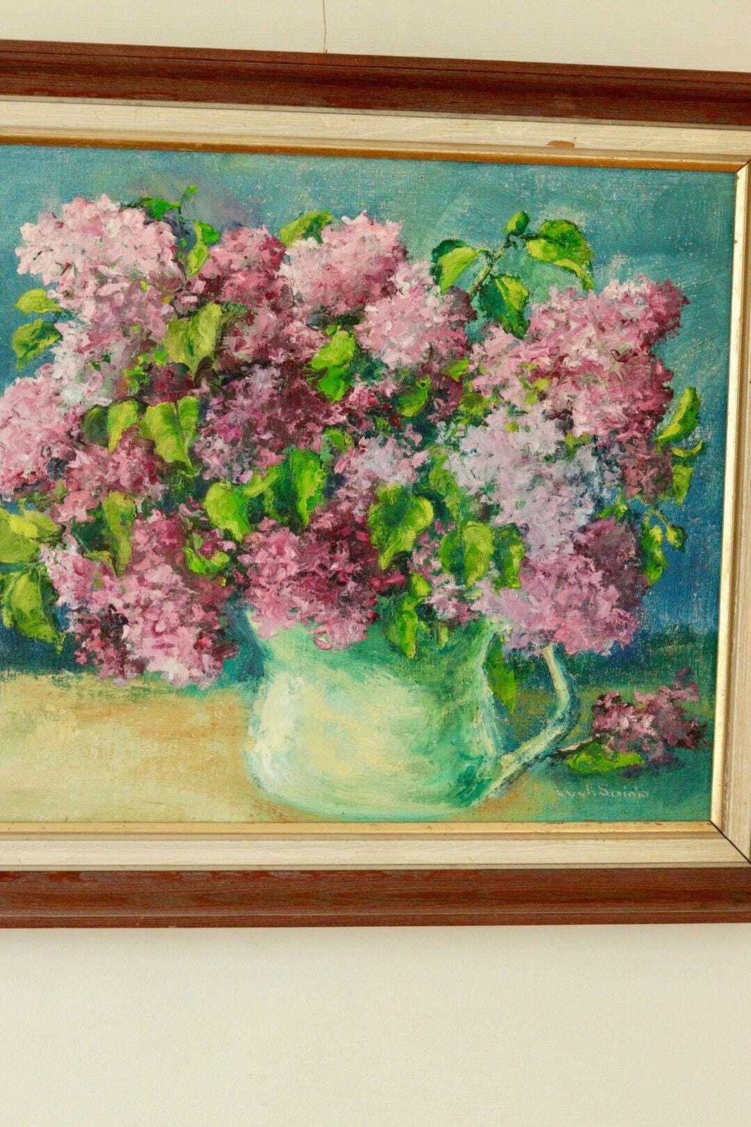Mid Century Original Swedish Oil On Canvas "Floral Arrangement " By Lyyli Sainio Vintage & Framed photo Art
