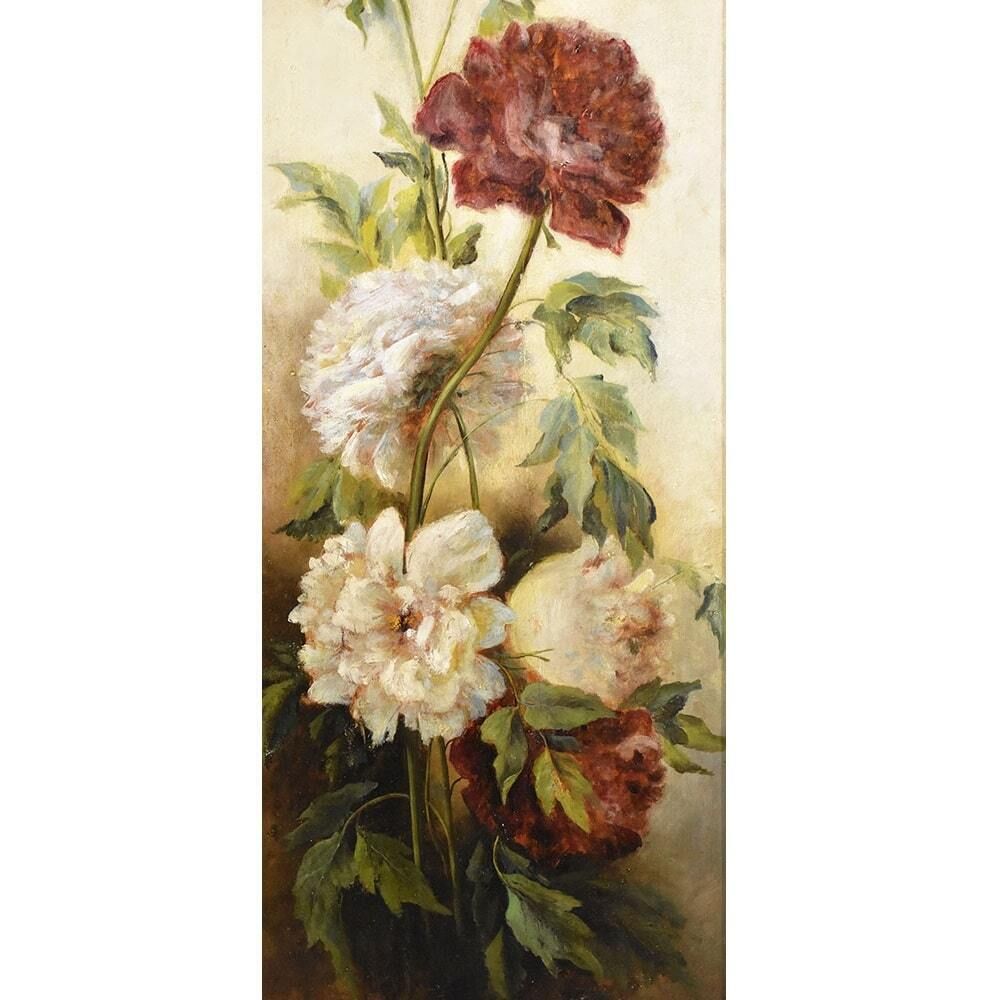 Still Life Painting, Flowers Vase Painting, Flowers Of Peonies, Oil On Wood, Antique Painting Du XIX Century. (Qf456) photo for sale