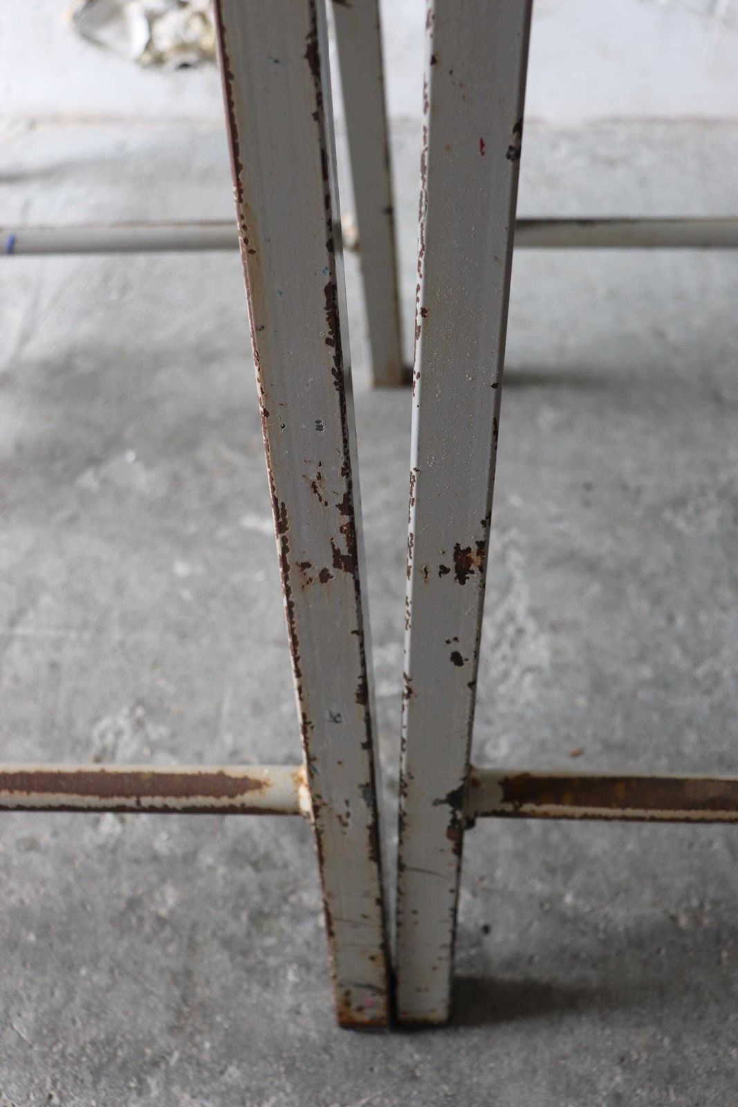 Set Of Four Tall Vintage Stacking Lab Stools With Grey Metal Frames And Stripped Beech Seats photo vinterior