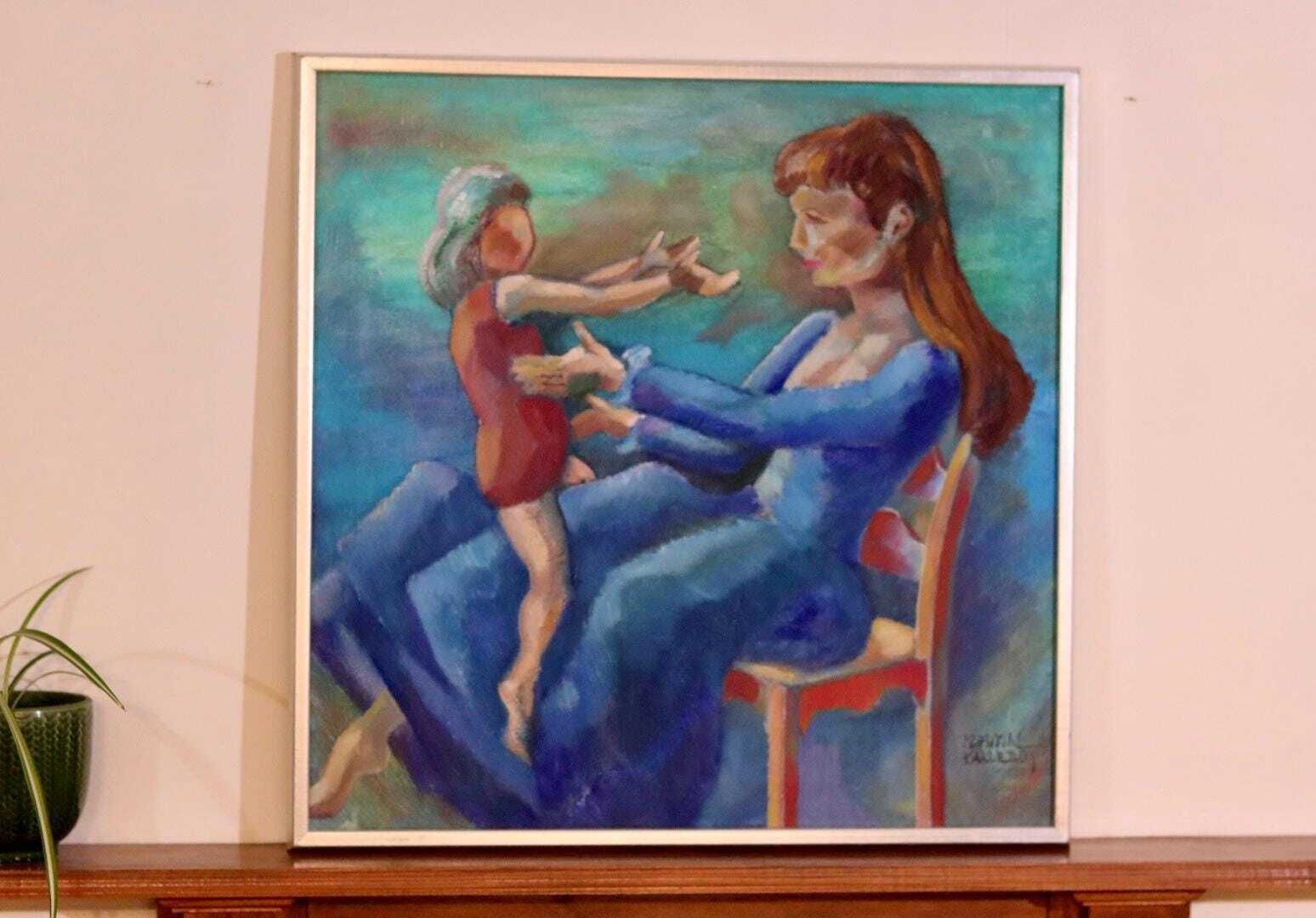Mid Century Original Swedish Oil On Canvas "Mother And Child " By Martin Kallerroj Vintage & Framed