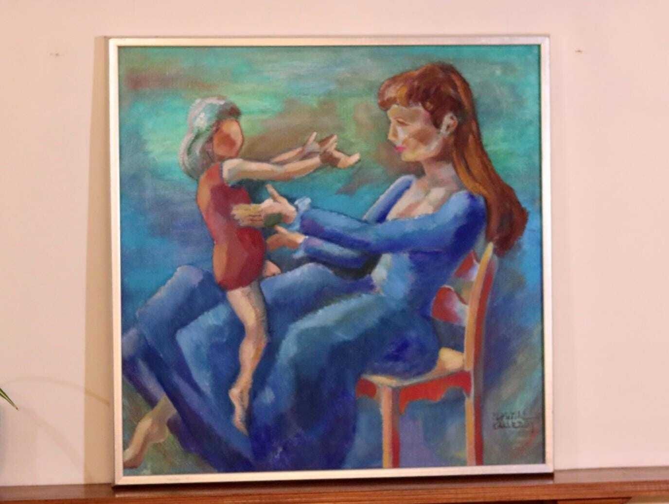 Mid Century Original Swedish Oil On Canvas "Mother And Child " By Martin Kallerroj Vintage & Framed photo furniture