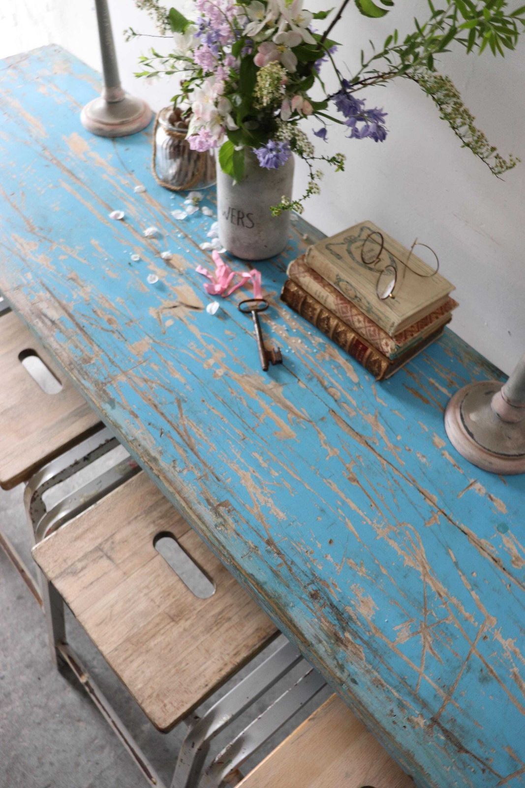 Striking Vintage Trestle Table Or Desk With Cobalt Blue Distressed Top And Metal Folding Legs photo for sale
