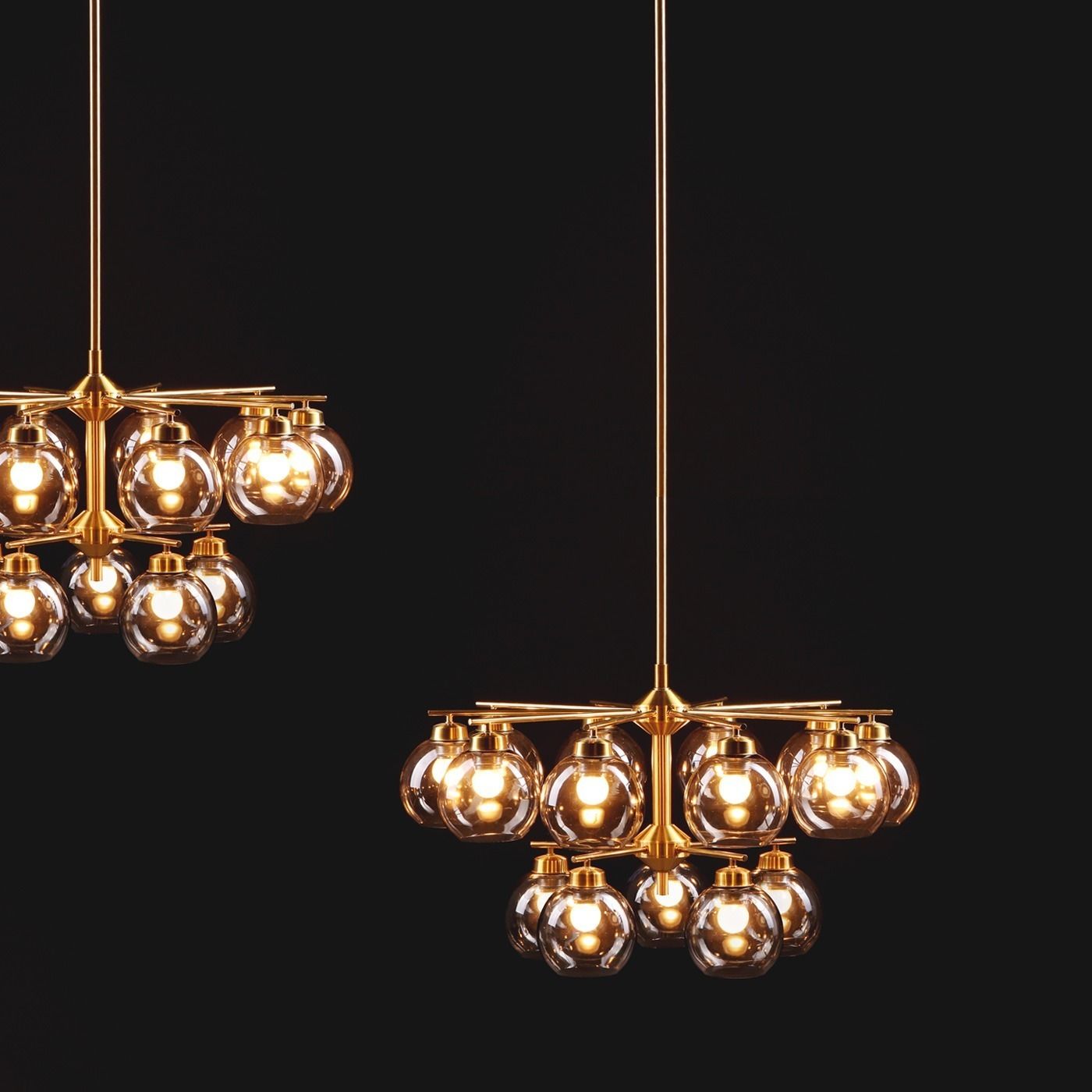 photo furniture Holger Johansson Pair Of Large Chandeliers In Brass And Glass, 1960s