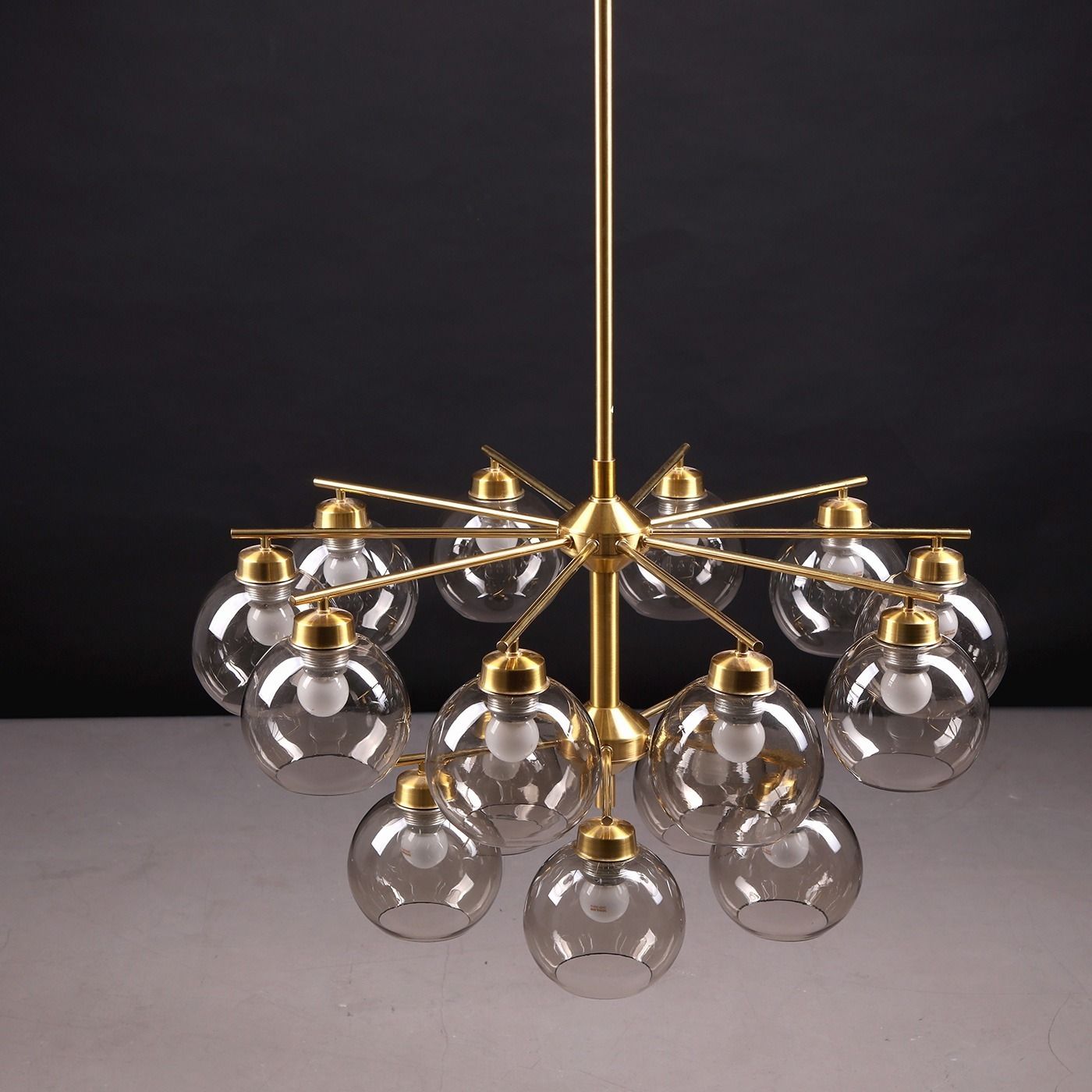 Holger Johansson Pair Of Large Chandeliers In Brass And Glass, 1960s photo vintage