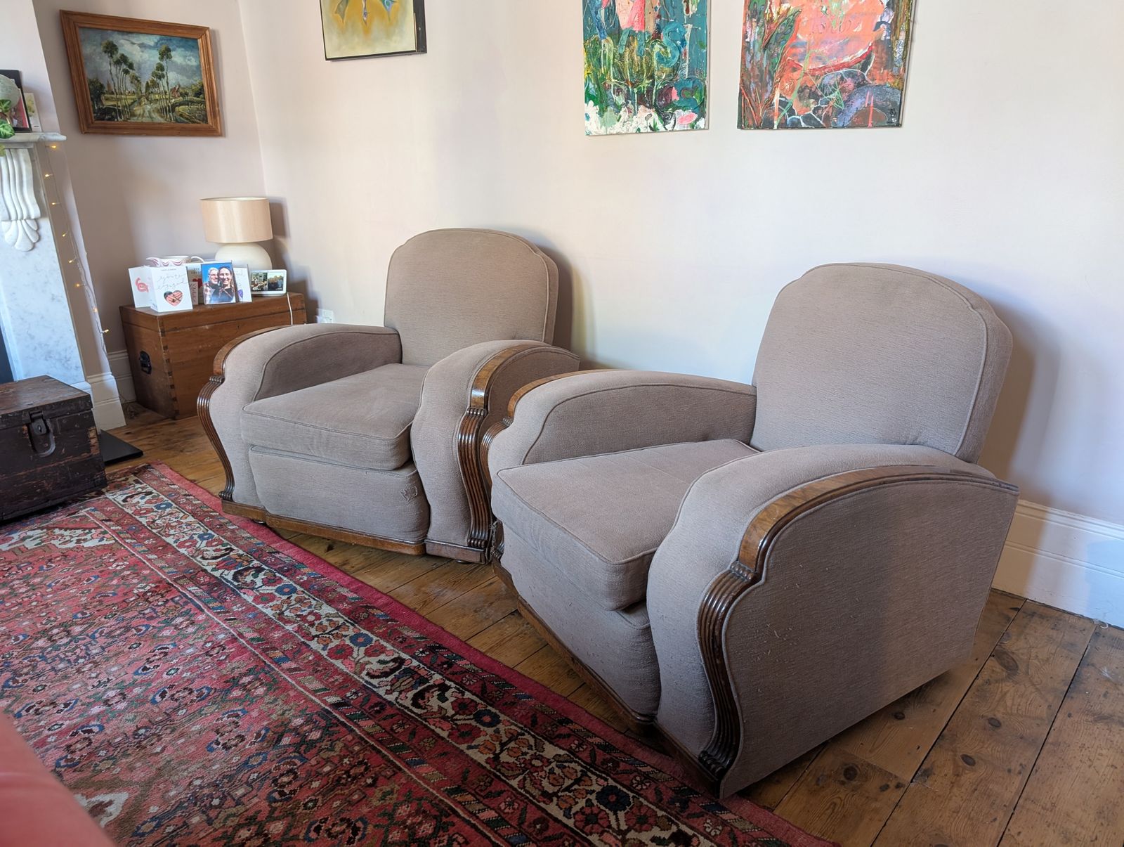 Art Deco Pair Of Armchairs With Walnut Trim, Recently Re Upholstered, Super Comfy. photo 3500.0