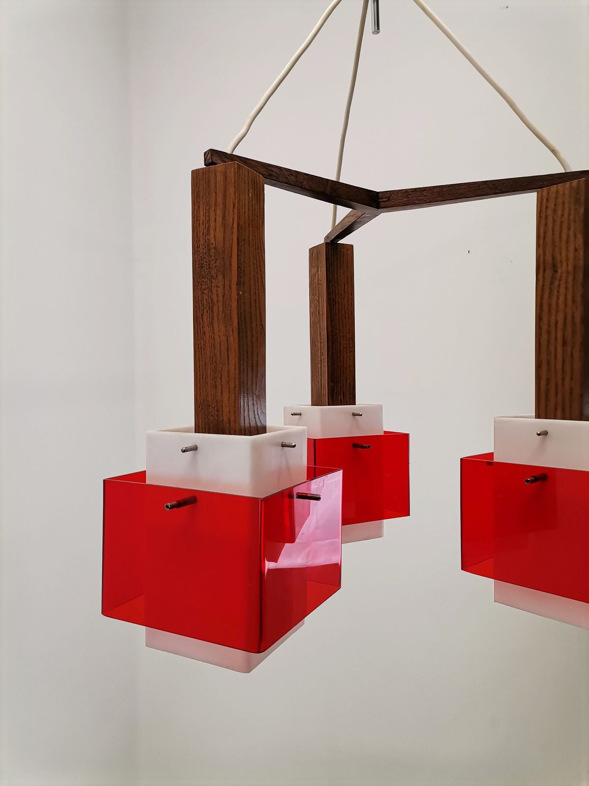 Guzzini Plexi & Wood Pendant Light / Meblo Yugoslavia / Space Age Red Cube Hanging Light photo buy