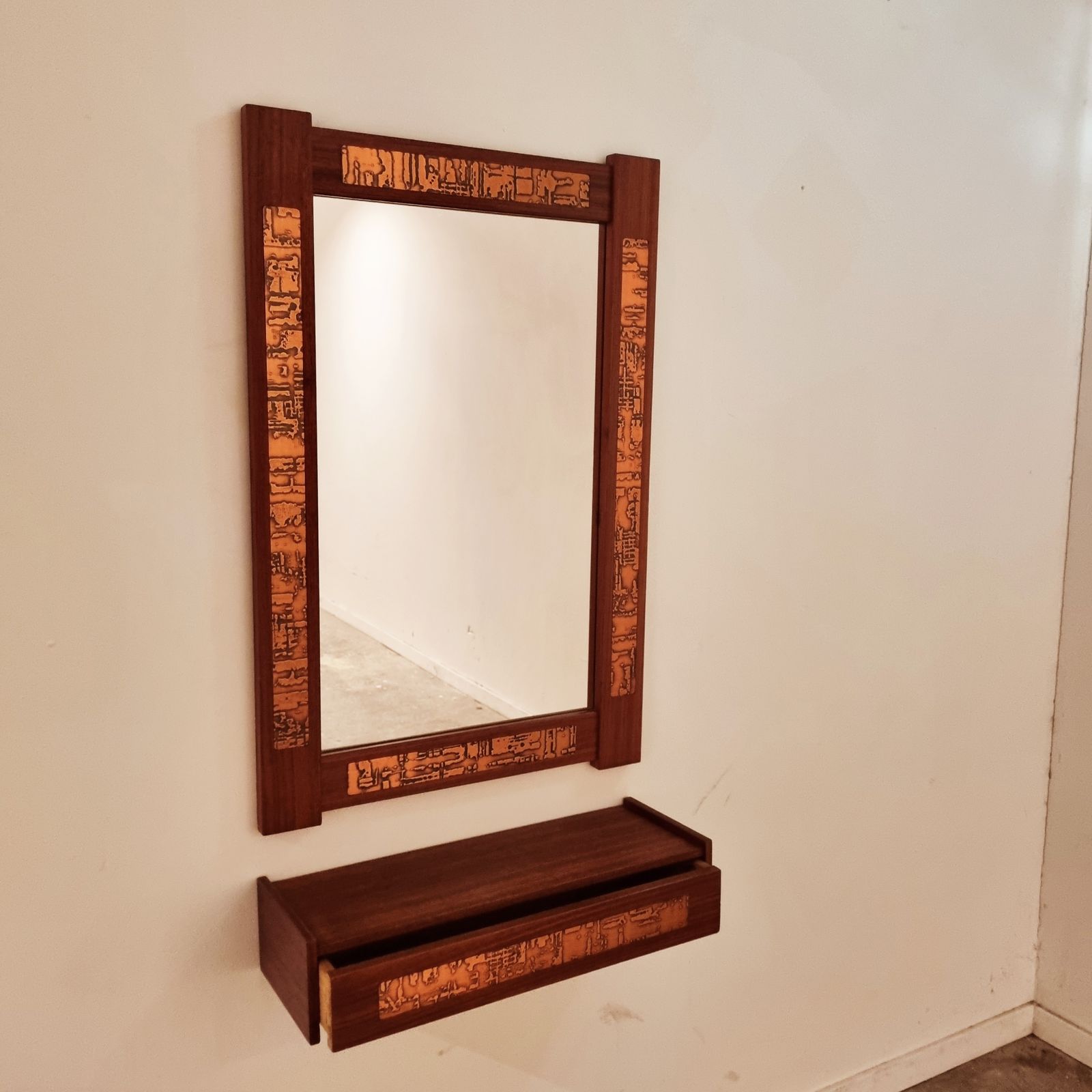 Mid Century Teak And Copper Hallway Set With Mirror And Shelf, 1960s, Set Of 2 photo Home Decor