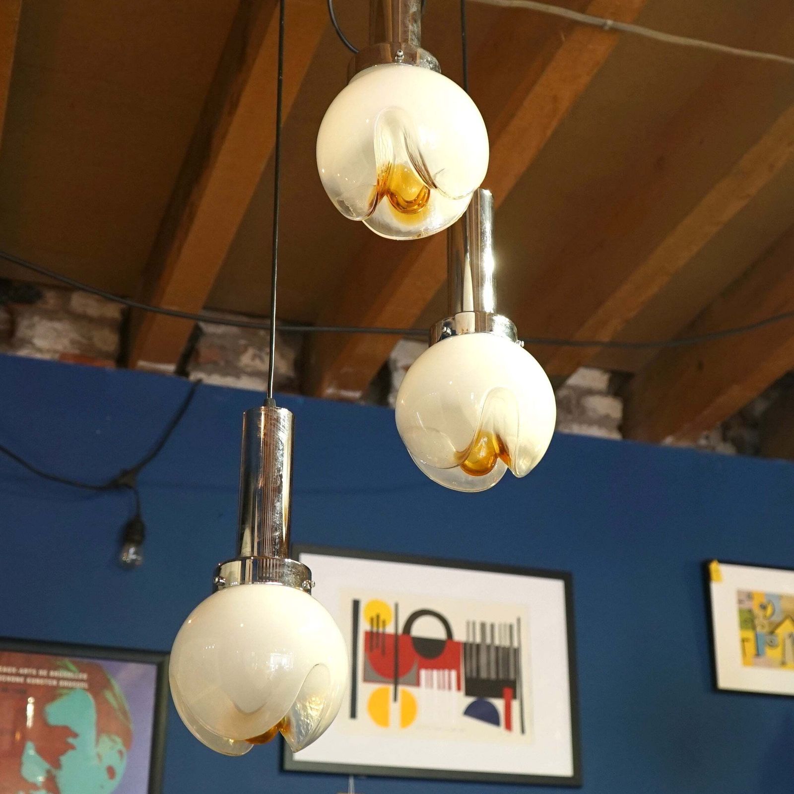 Rare Mazzega Murano Triple Pendant Light Fitting