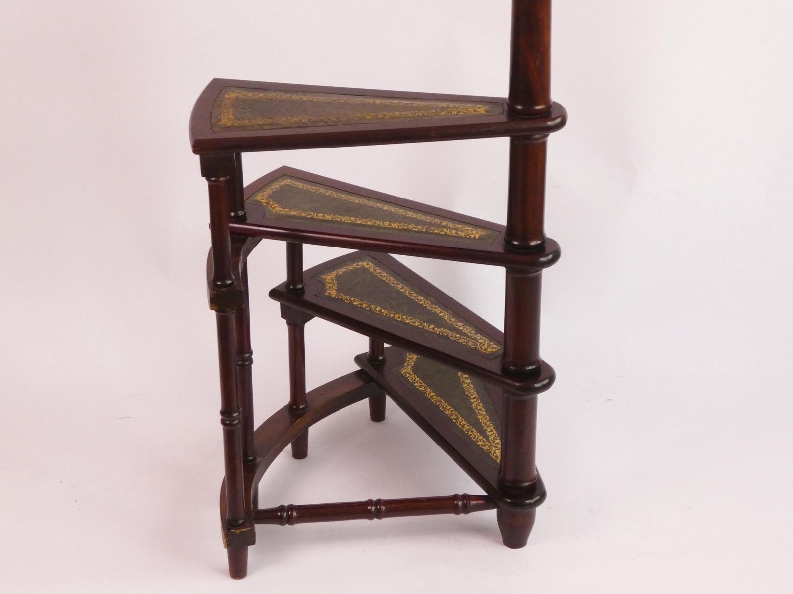 Victorian Style Wooden Library Stairs With Green Leather, Vintage Large 50's Spiral Bookcase Ladder, English Wooden Steps photo vinterior