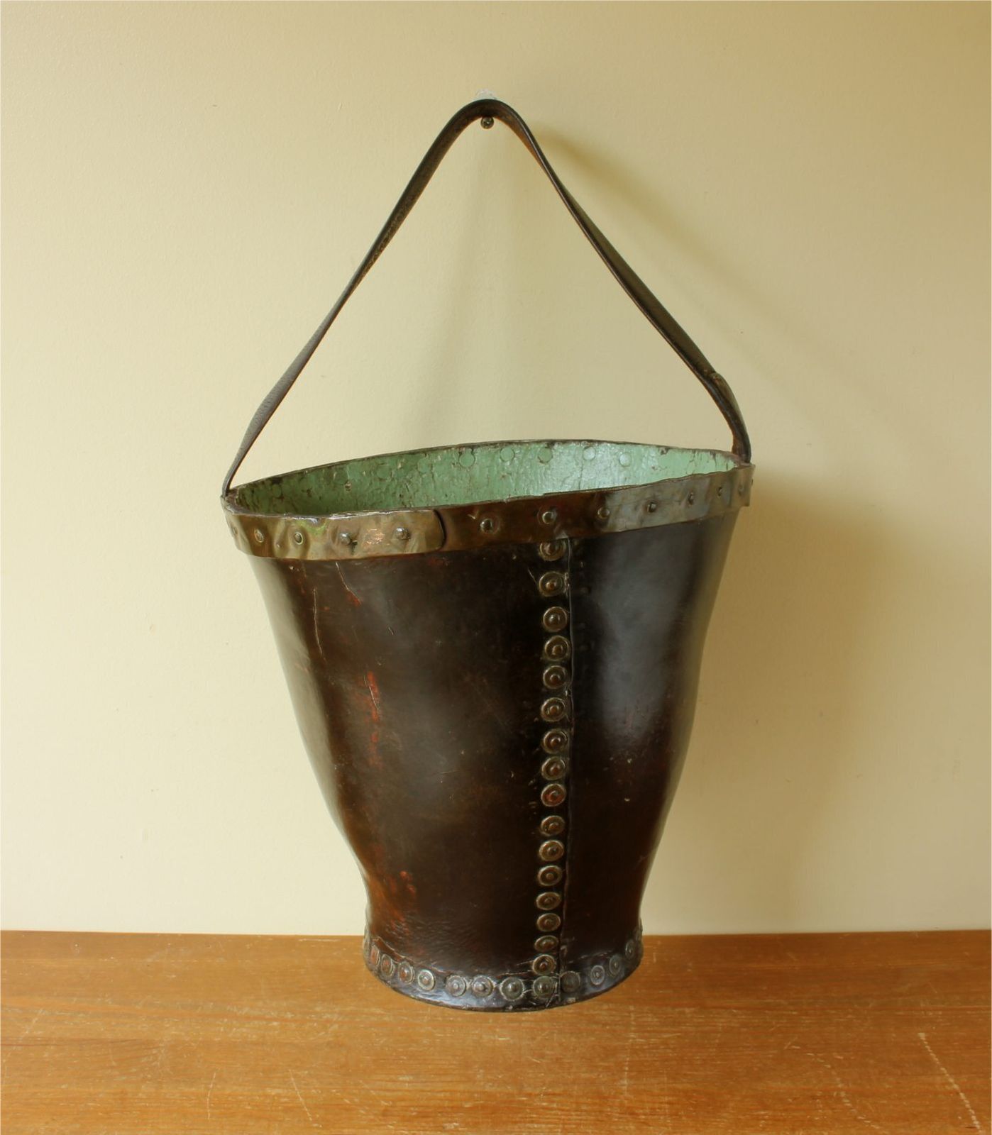 Georgian Leather Fire Bucket. Copper Studded Waste Paper Basket. C1800.