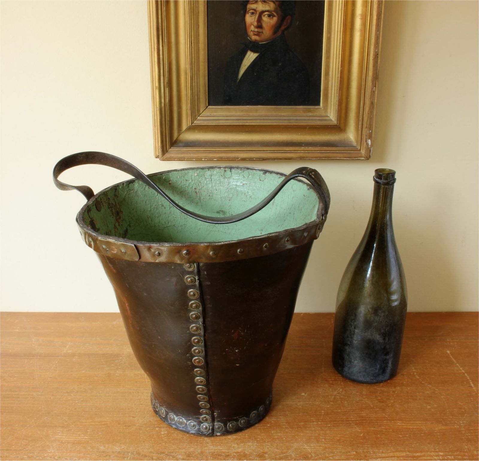 Georgian Leather Fire Bucket. Copper Studded Waste Paper Basket. C1800. photo for sale