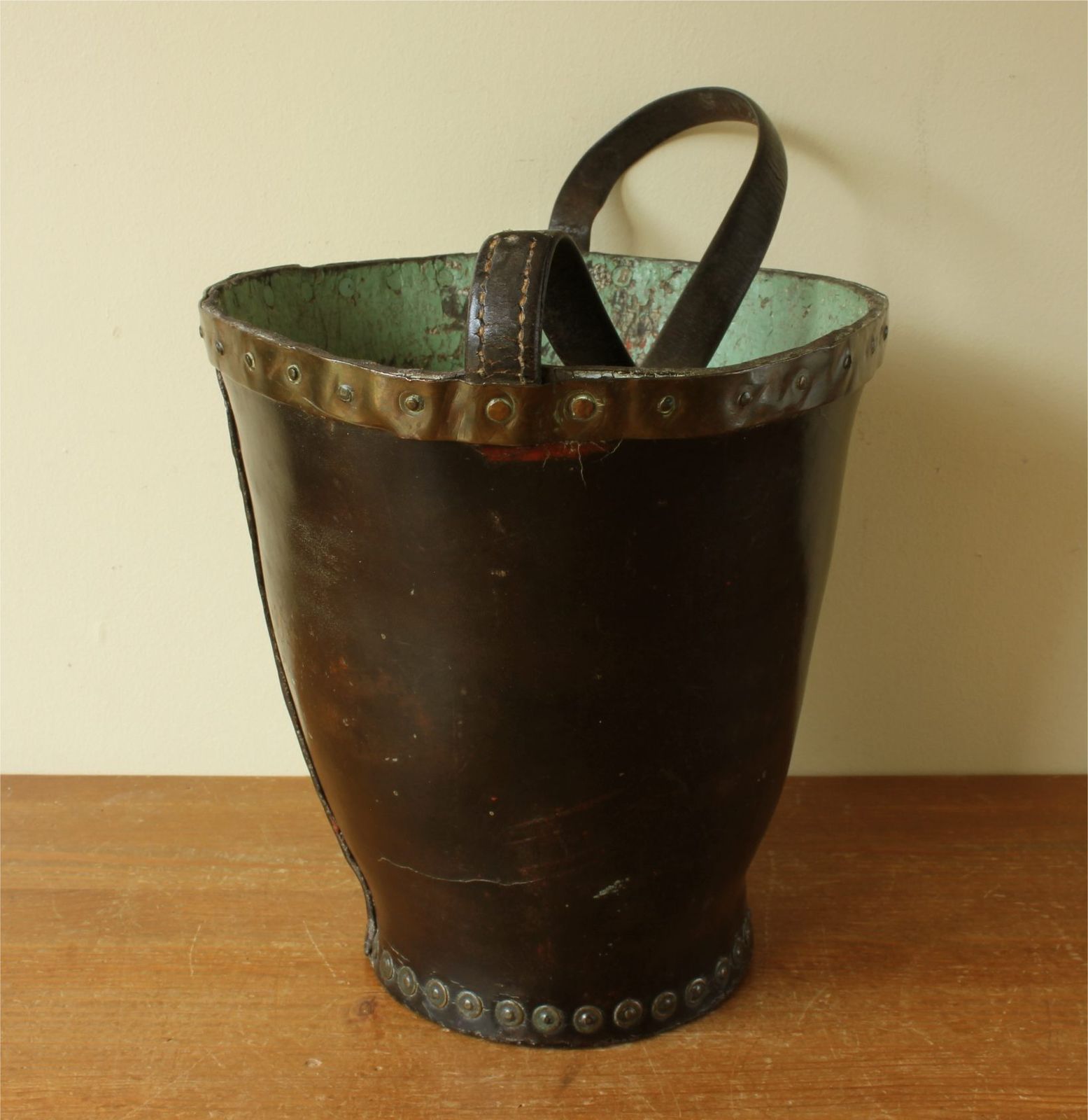 photo furniture Georgian Leather Fire Bucket. Copper Studded Waste Paper Basket. C1800.