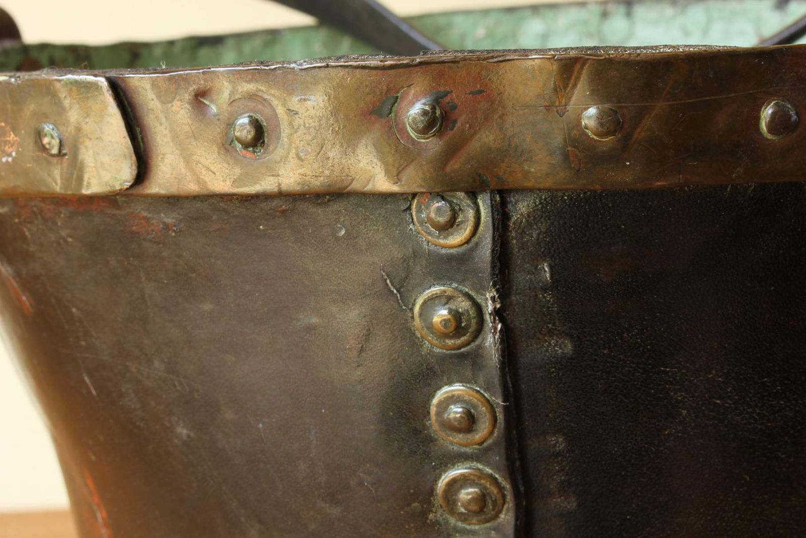 photo vinterior Georgian Leather Fire Bucket. Copper Studded Waste Paper Basket. C1800.