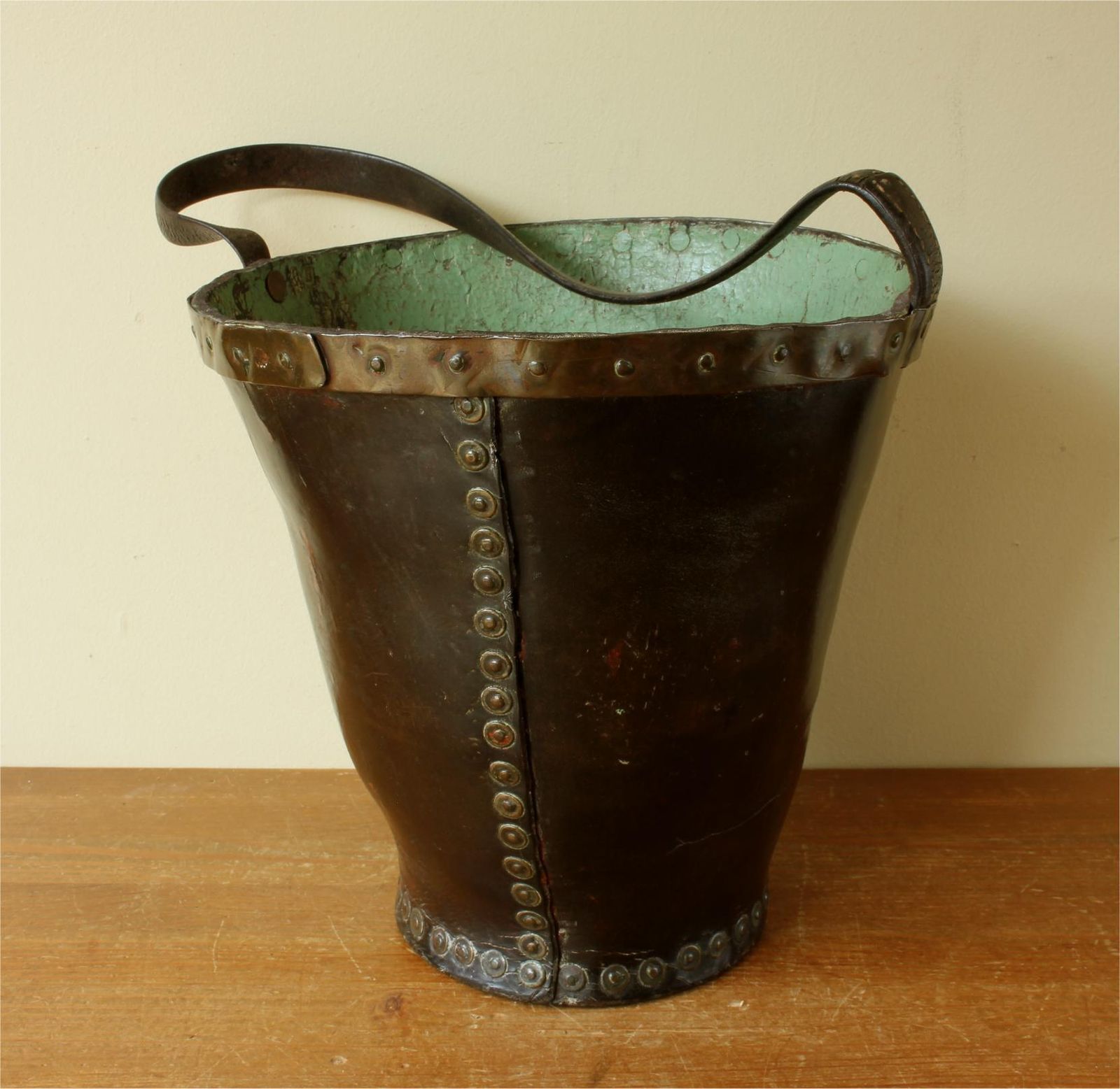 photo vintage Georgian Leather Fire Bucket. Copper Studded Waste Paper Basket. C1800.