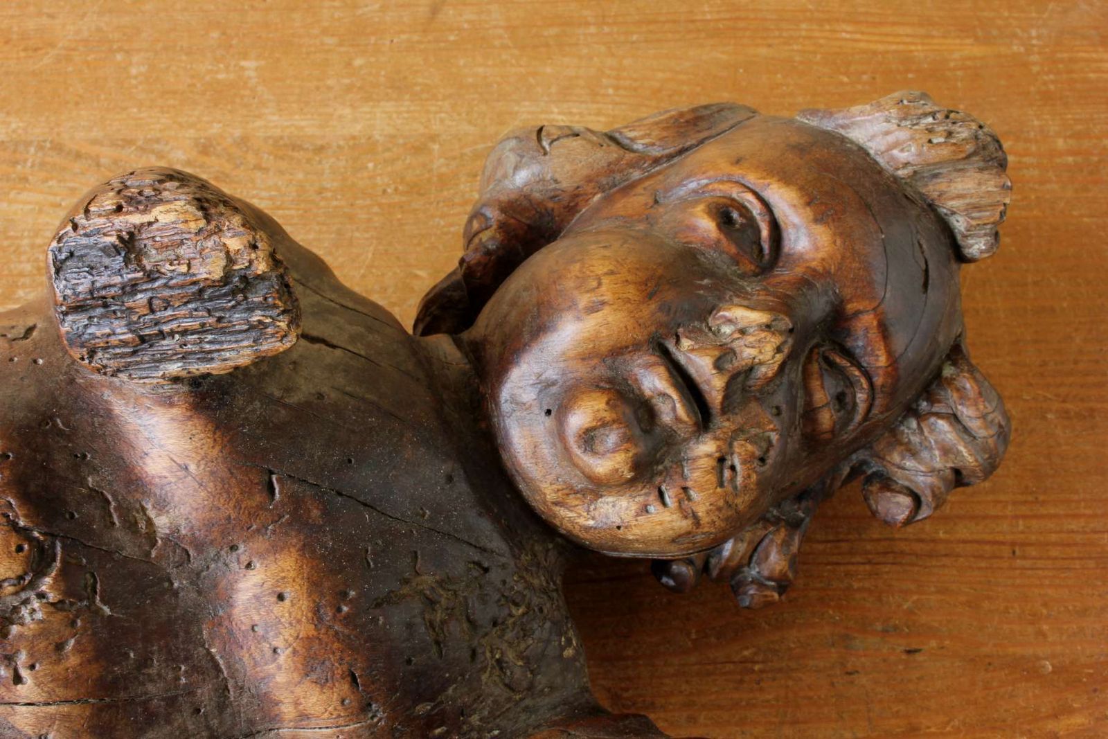 18th Century Carved Wooden Putti Figure. Large Cherub. Religious Carving. photo 870.0