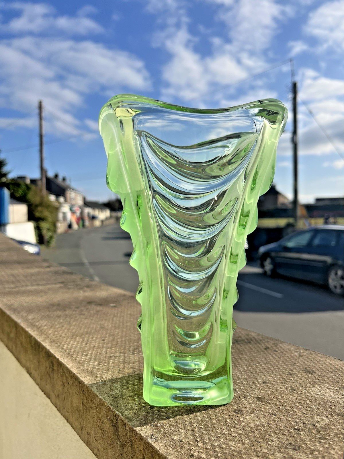 55.0 Vintage Sklo Union Hermanova Hut Vaclav Hanus Glass Semi Frosted Drapery Vase photo