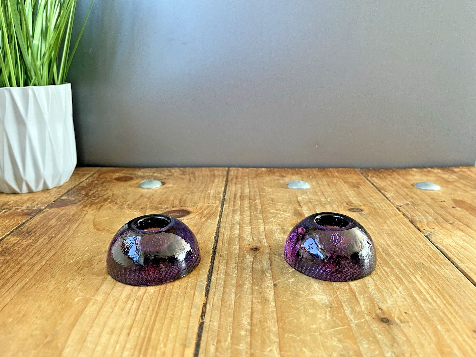 photo vintage Pair Of Mid Century Modern 60's Czech Bohemia Glass Pebble Candle Holders 70's