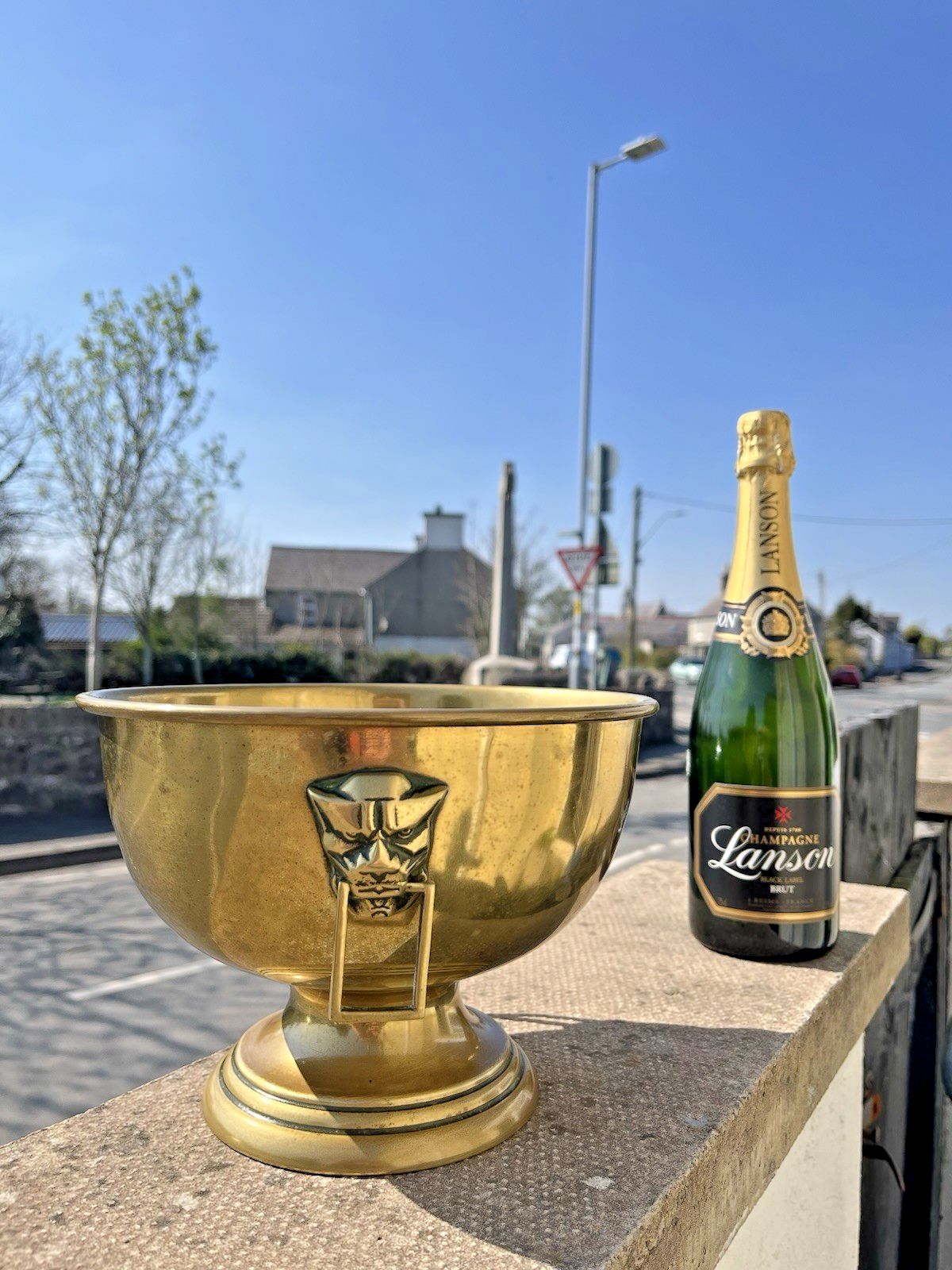 Brass Art Deco Angular Jaguar Mask Pedestal Fruit Punch Bowl Champagne Cooler photo for sale