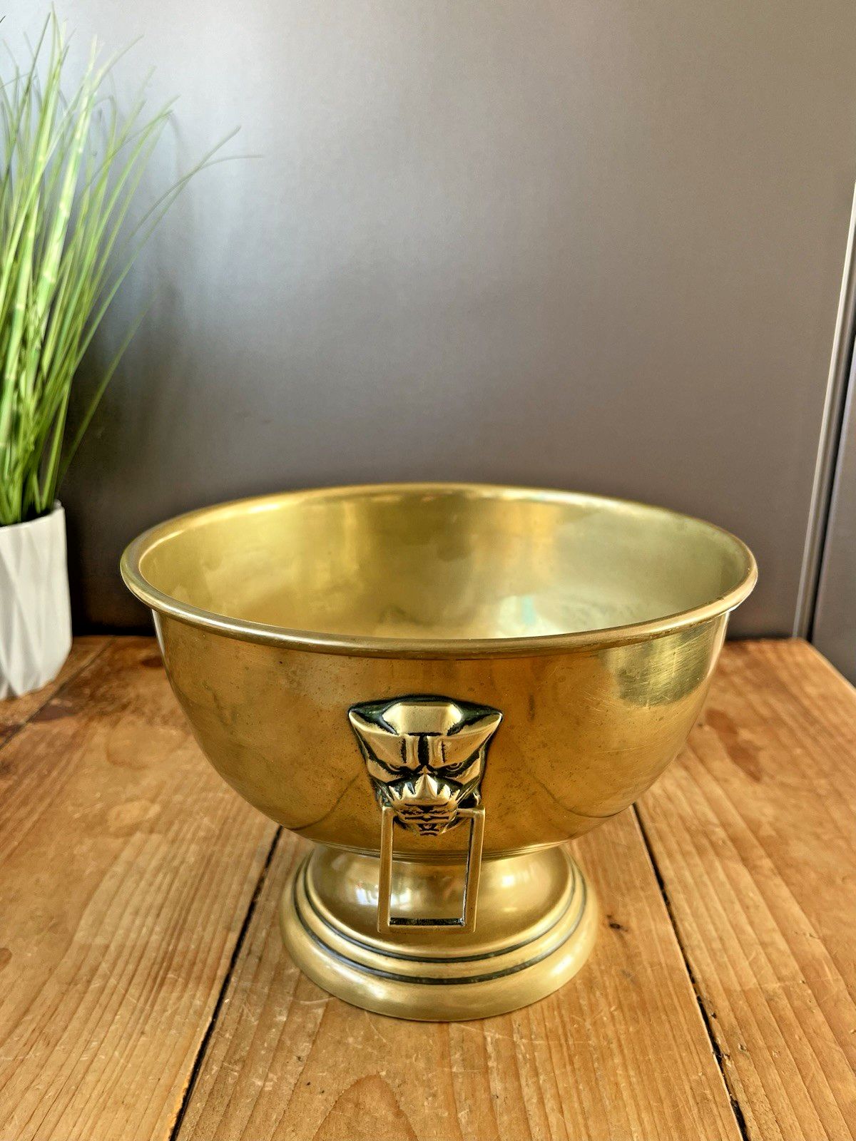 Brass Art Deco Angular Jaguar Mask Pedestal Fruit Punch Bowl Champagne Cooler photo 135.0