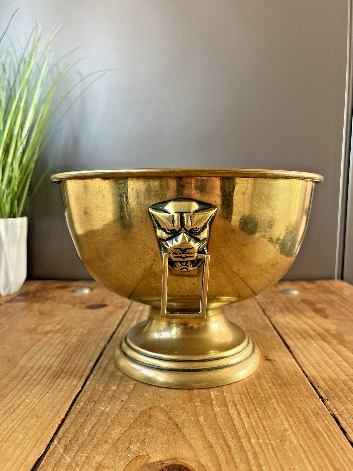 Brass Art Deco Angular Jaguar Mask Pedestal Fruit Punch Bowl Champagne Cooler photo vinterior