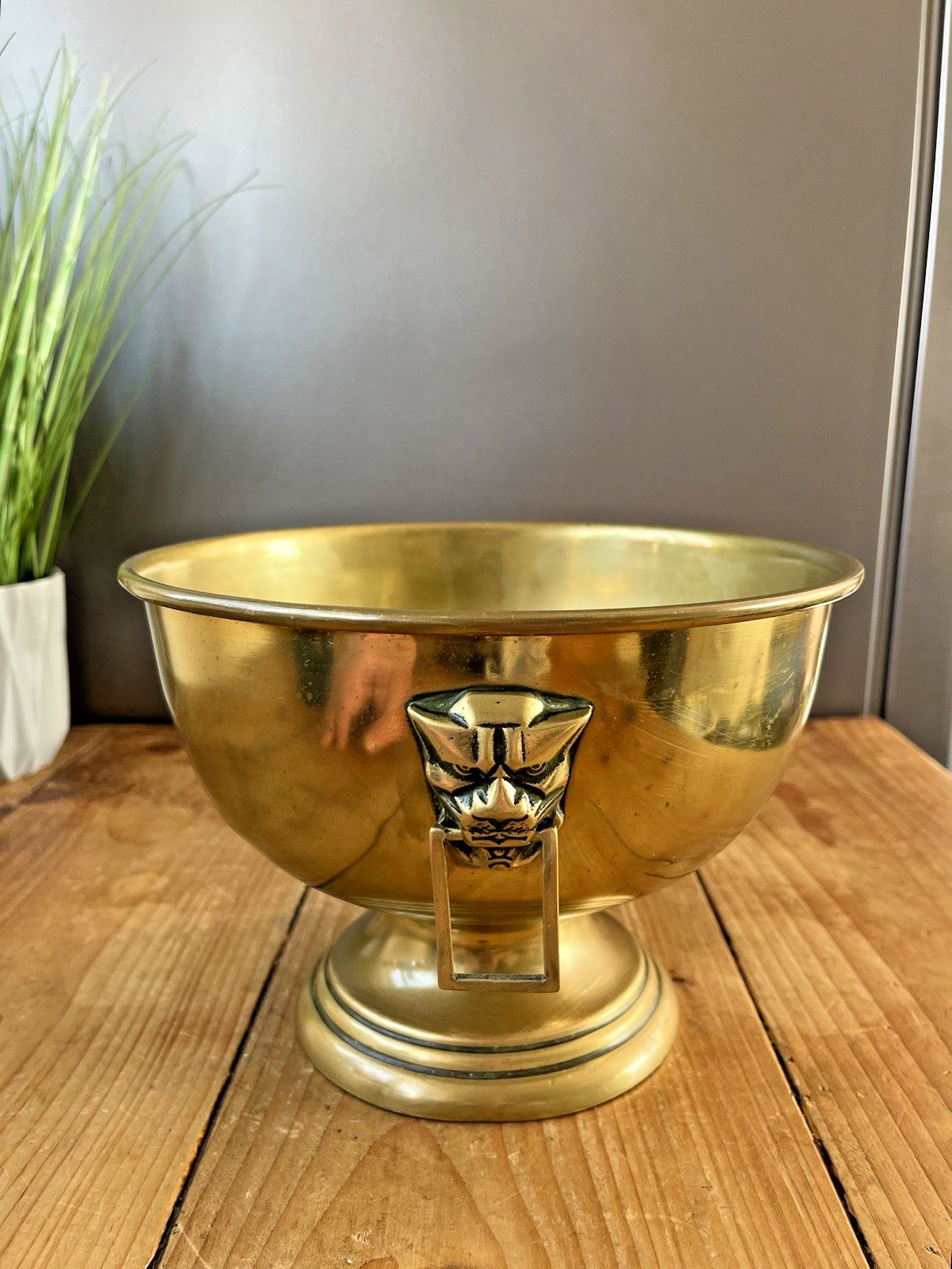 Home Decor Brass Art Deco Angular Jaguar Mask Pedestal Fruit Punch Bowl Champagne Cooler photo