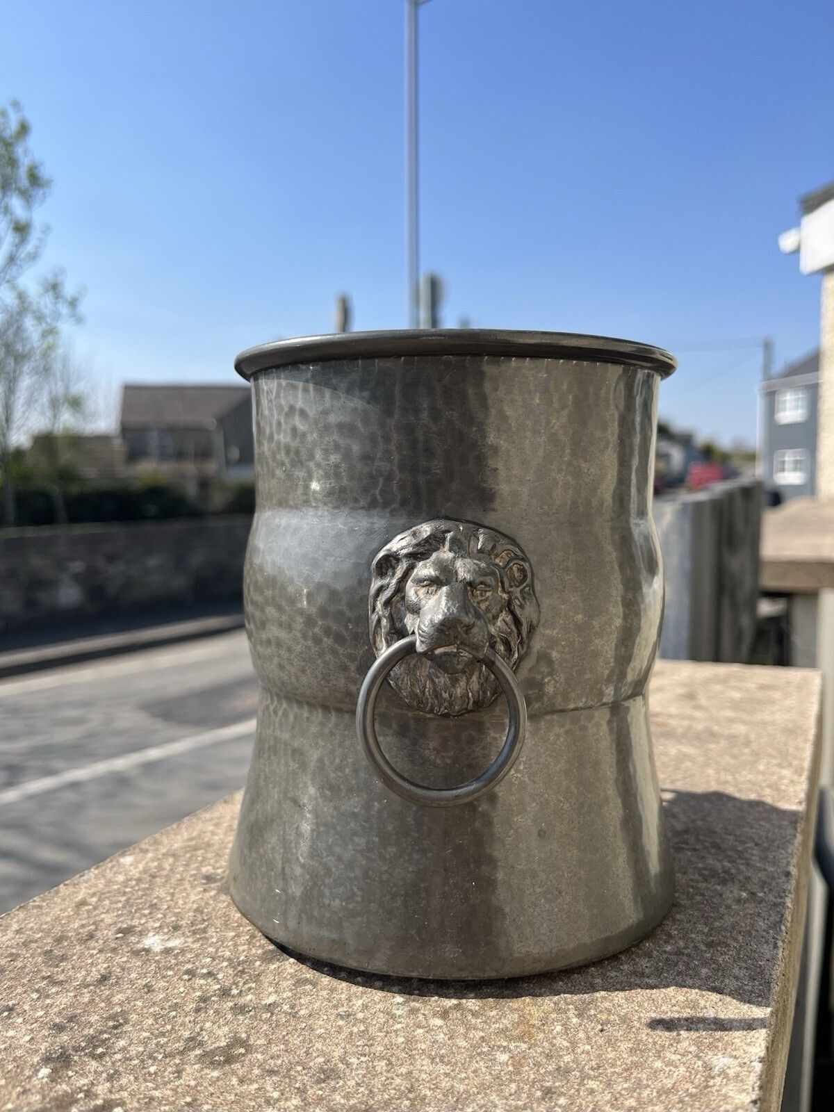 Antique W & Co Pewter Champagne Ice Bucket Planter Plant Pot Lions Head Handles photo for sale