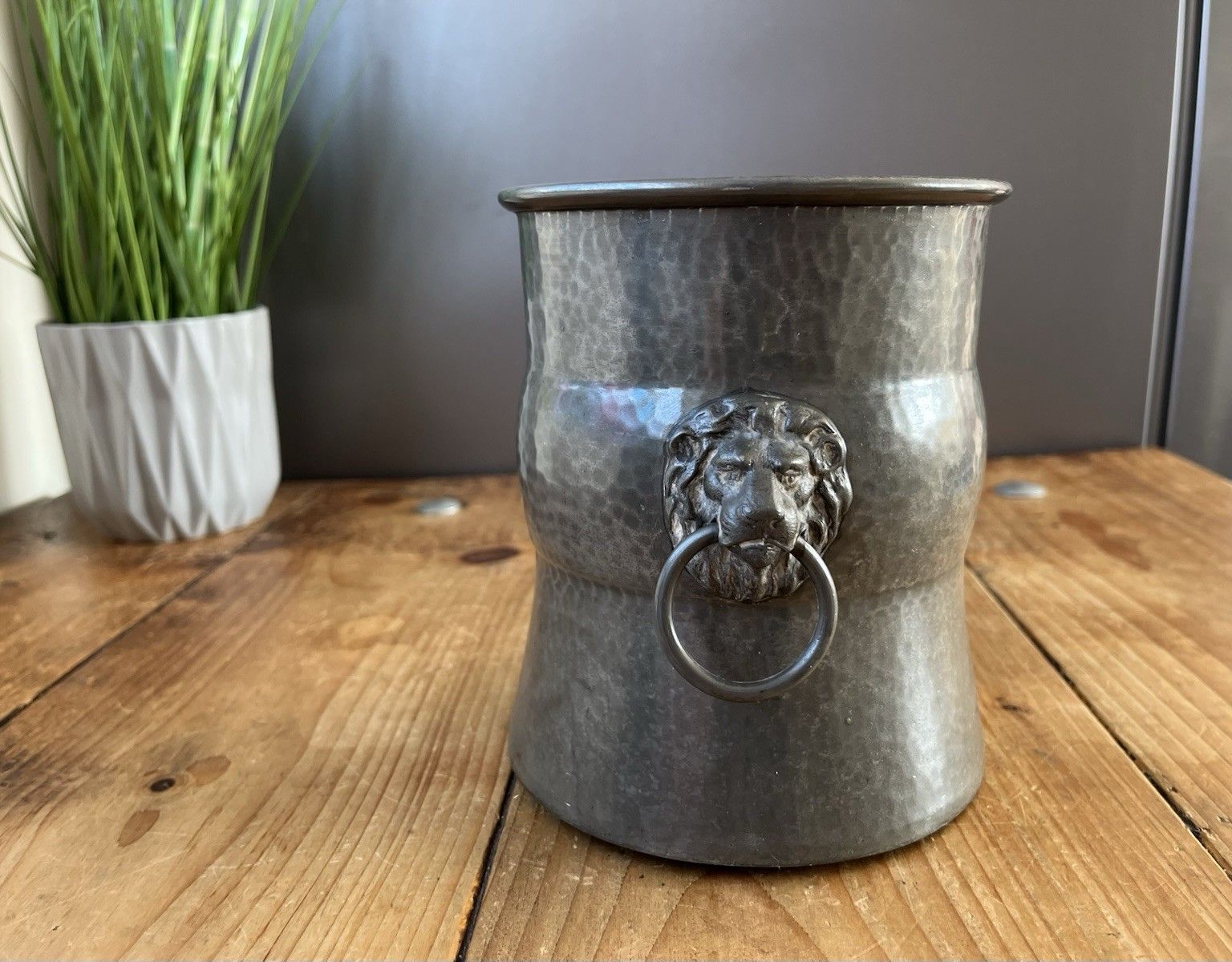 Home Decor Antique W & Co Pewter Champagne Ice Bucket Planter Plant Pot Lions Head Handles photo