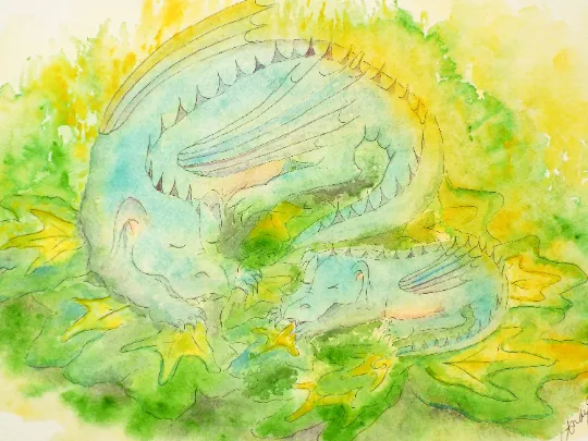 New Original Watercolour Painting Mother And Baby Dragons  22"X15" Andi J Lucas