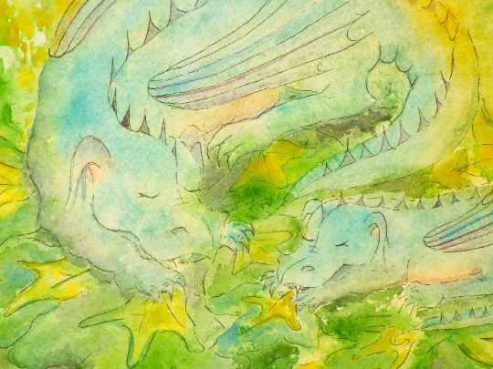 New Original Watercolour Painting Mother And Baby Dragons  22"X15" Andi J Lucas photo furniture